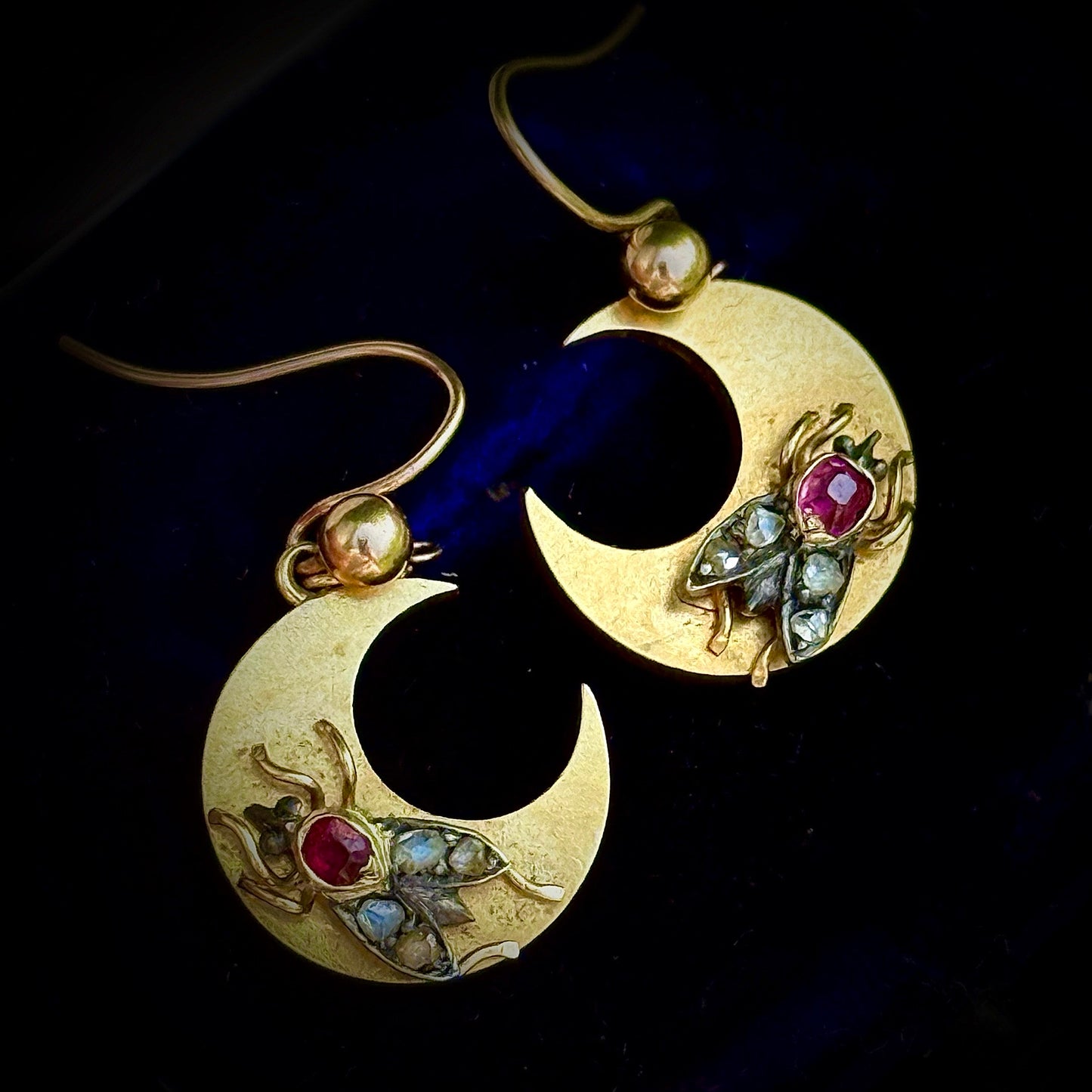 Victorian Crescent Moon Diamond & Ruby Fly Earrings