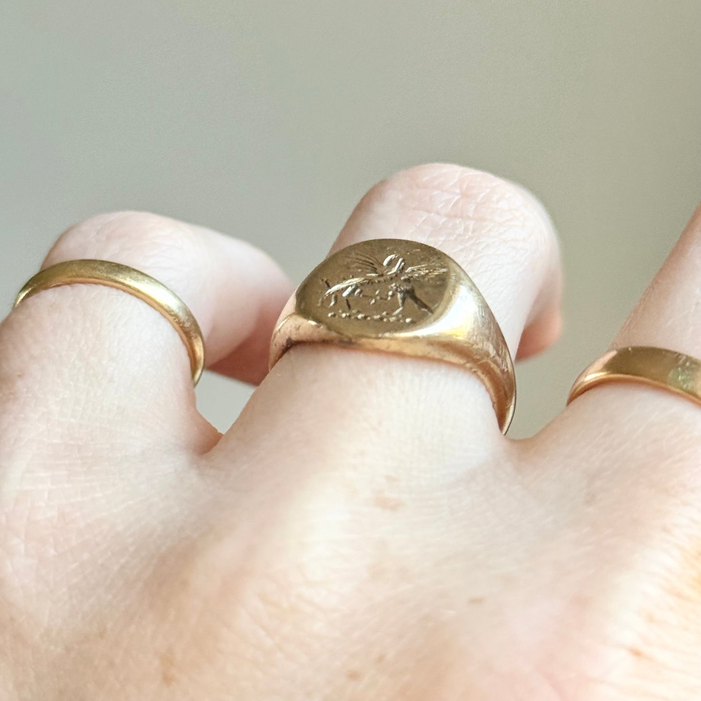 Vintage Duelling Dragons Signet Ring in 9 Carat Gold; Circa 1980