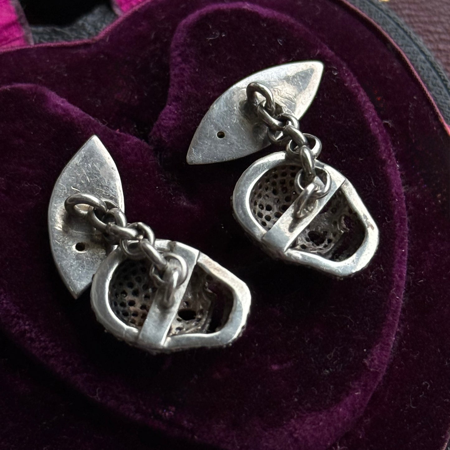 Preloved Silver & Diamond Skull Cufflinks with Black Enamel Detail