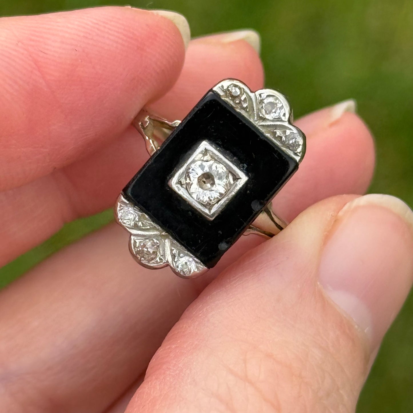Antique Art Deco Onyx & Diamond Ring; Circa 1920