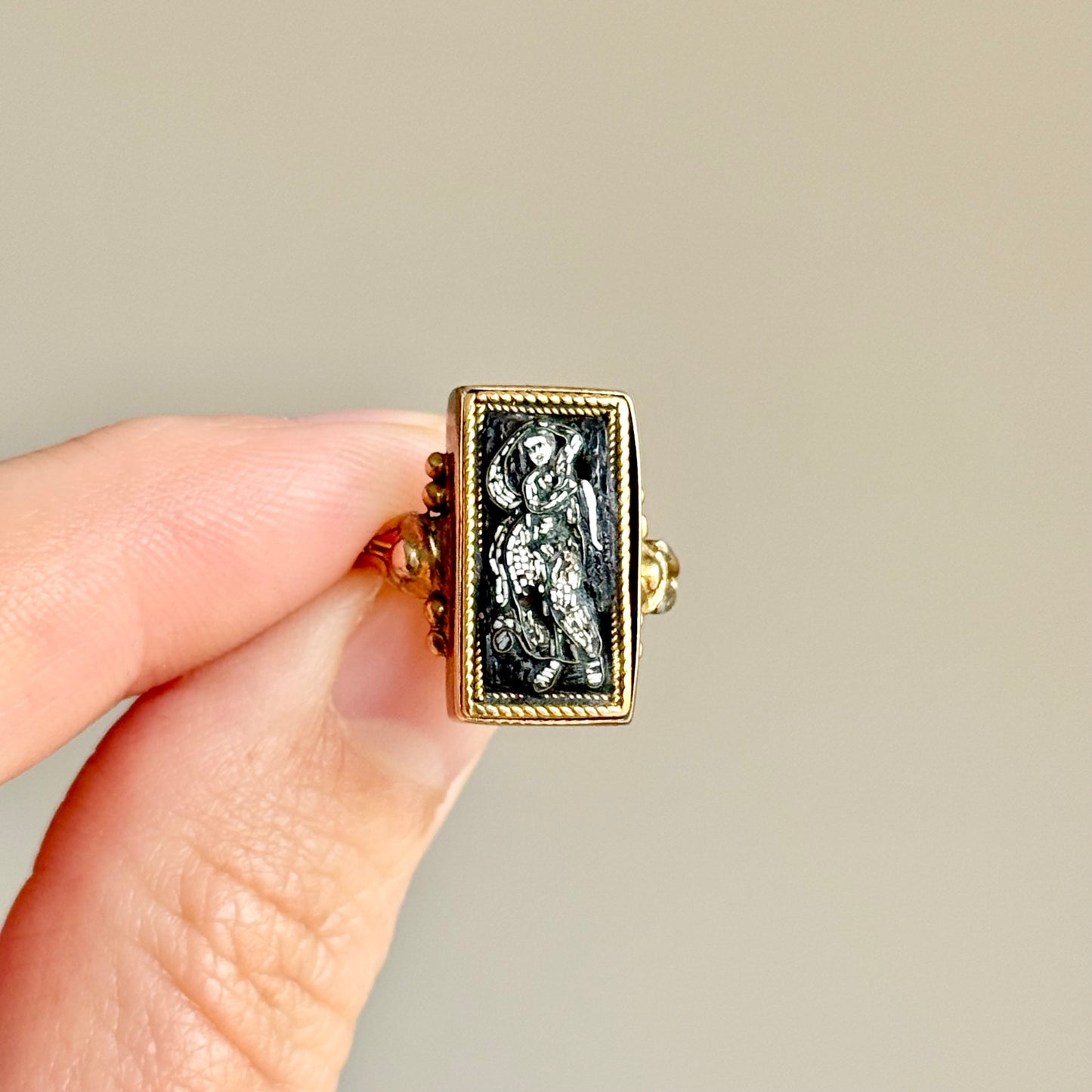 Victorian Micro Mosaic Panel Ring in 9 Carat Gold; 1850