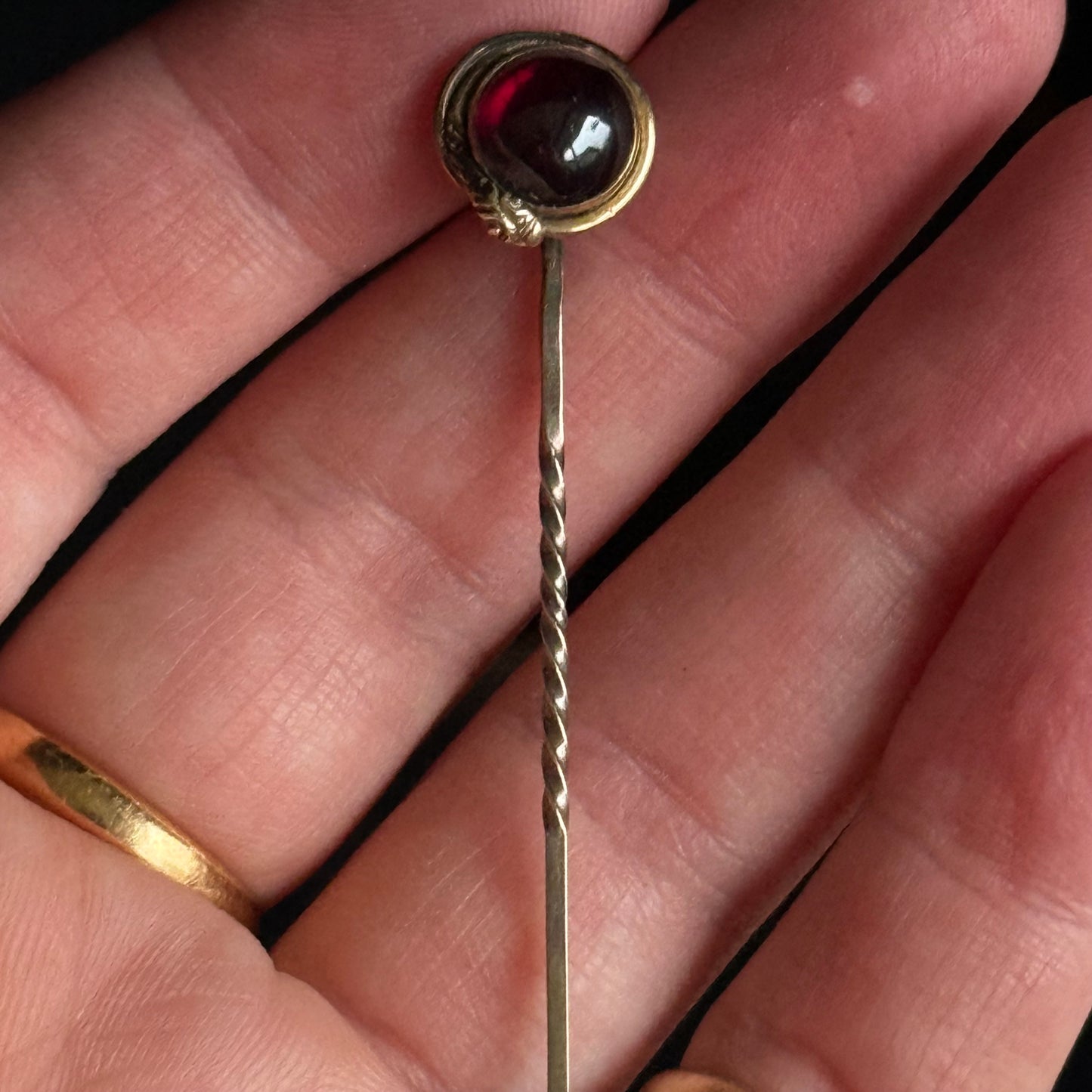Boxed Antique Victorian Snake Garnet Pin; Circa 1860
