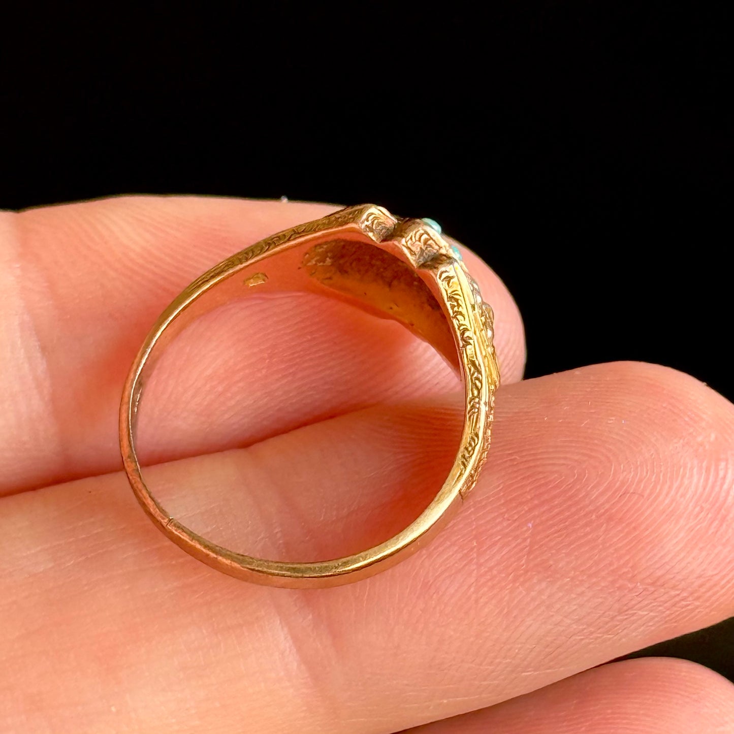 Antique Victorian Peal & Turquoise Ring in 15 Carat Gold; Circa 1870
