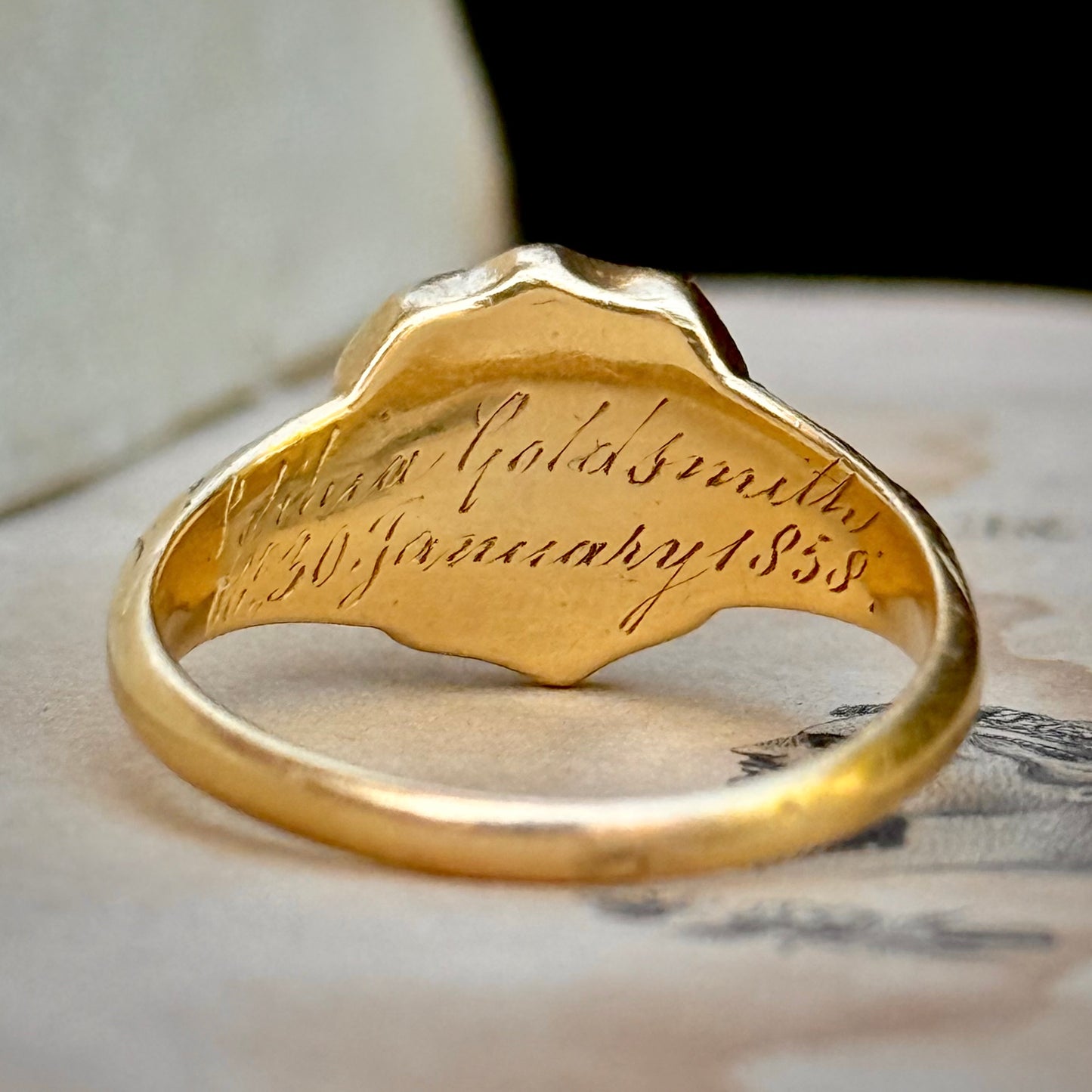 Antique Victorian Diamond Mourning Signet; Circa 1858