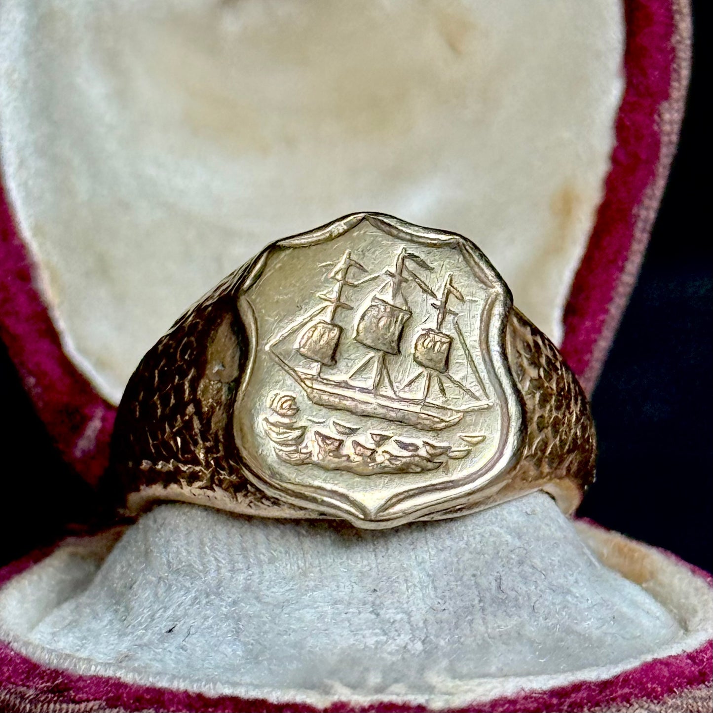 Victorian Heavy Nautical Ship Intaglio Signet ring; Circa 1880