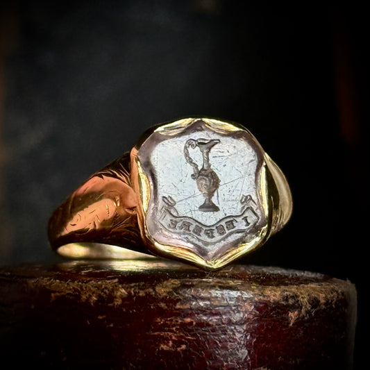 Antique Amethyst Intaglio Signet Ring in 9 Carat Gold