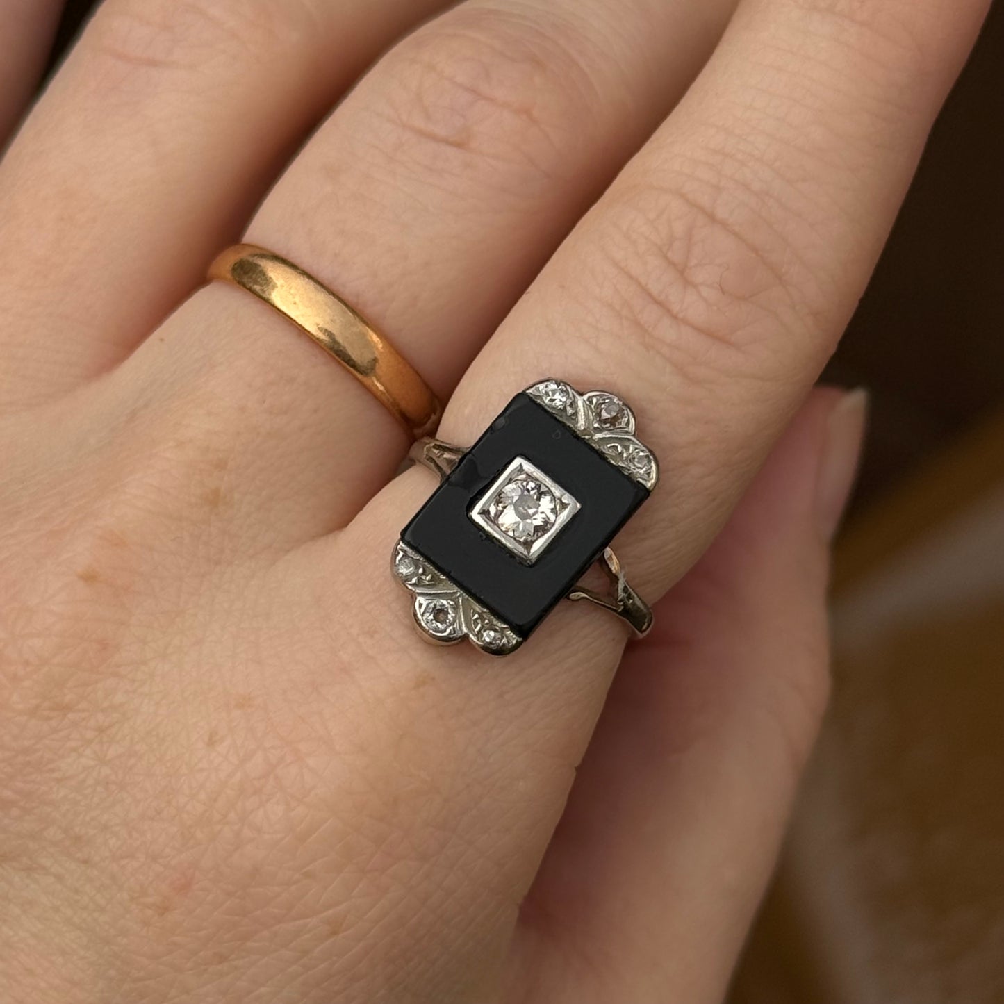 Antique Art Deco Onyx & Diamond Ring; Circa 1920