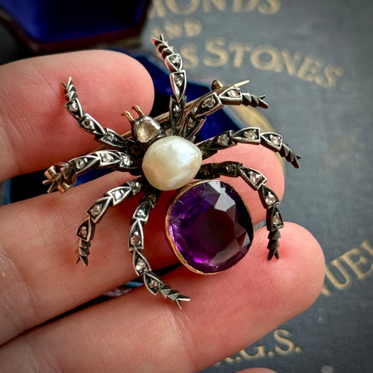 Victorian Diamond, Amethyst & Pearl Spider Brooch; Circa 1890