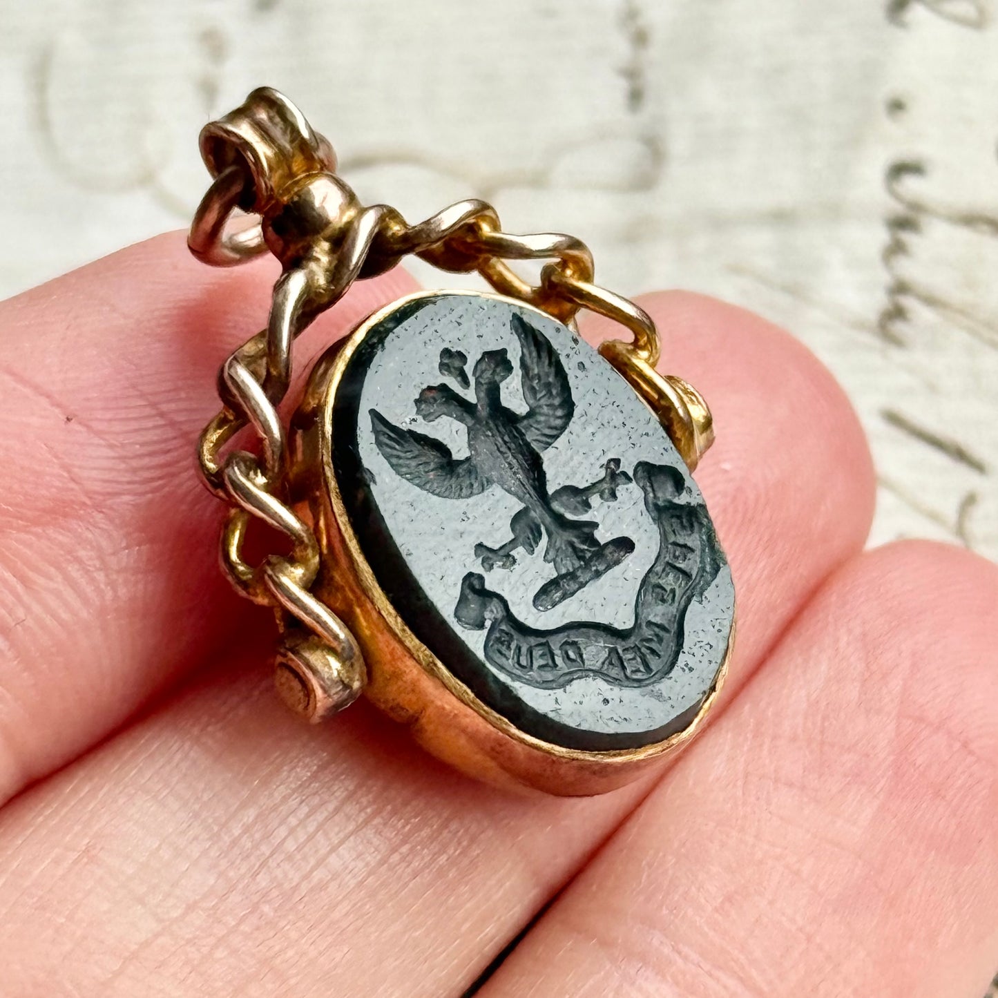 Antique Bloodstone Intaglio Fob in 9 Carat Gold; Circa 1900