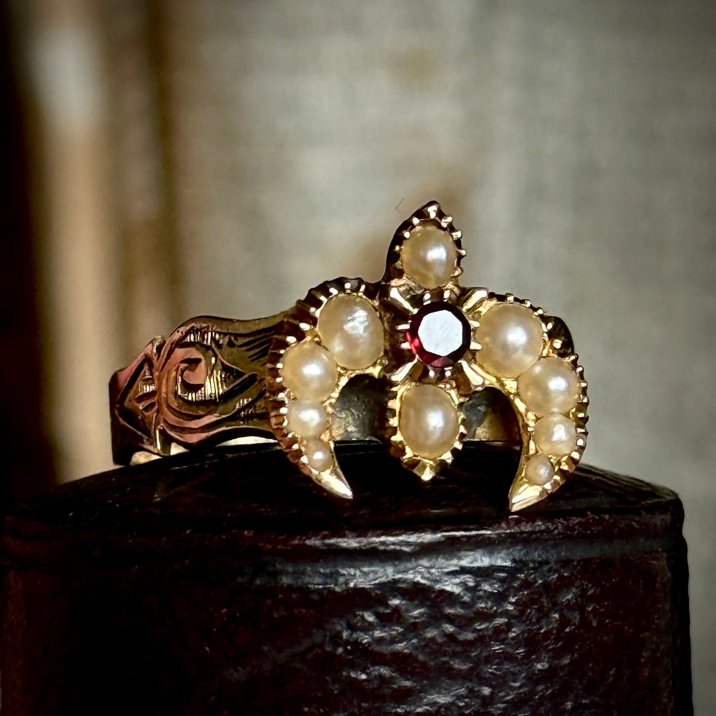 Antique Swallow Garnet & Pearl Signet Ring in 9 Carat Gold