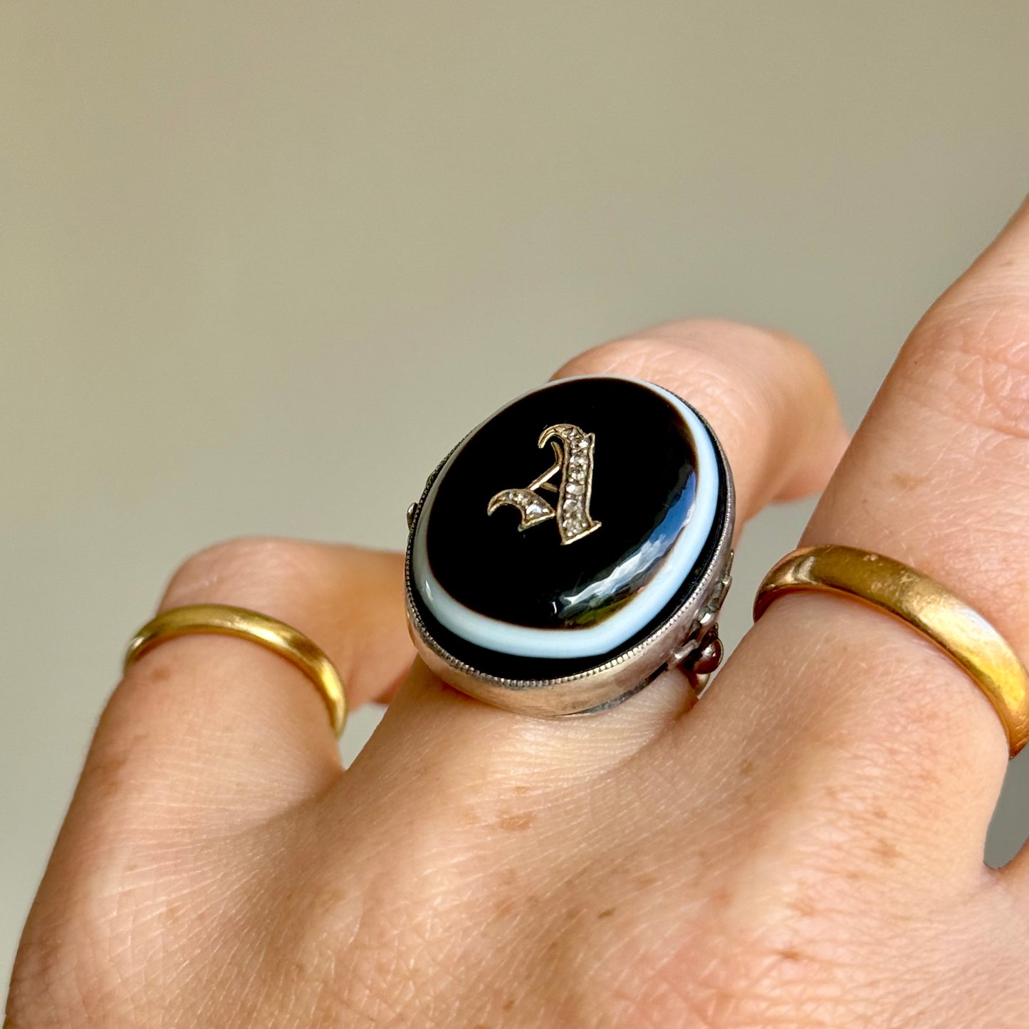 Victorian Banded Agate Diamond 'A' Ring in Sterling Silver Circa 1880