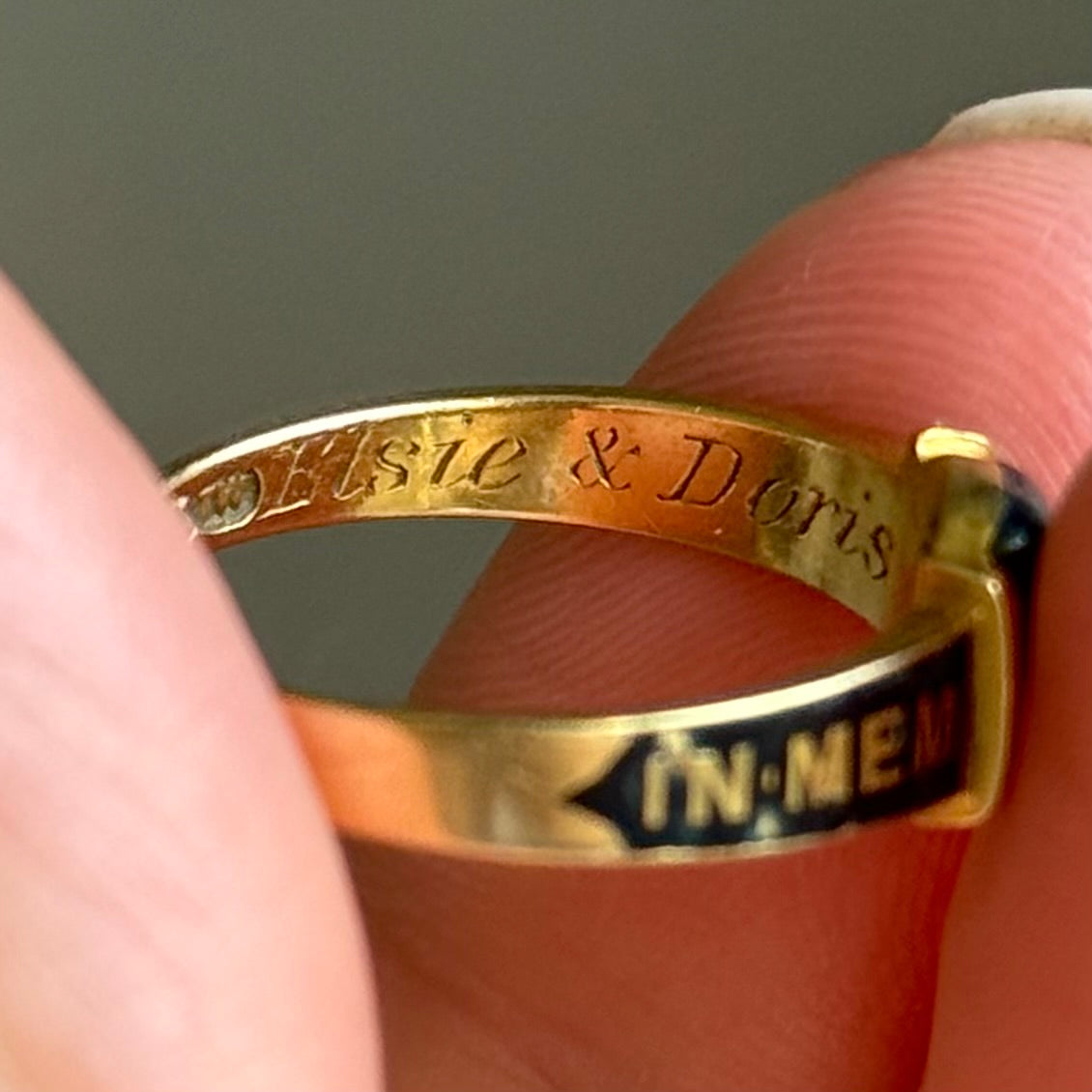 Antique Victorian Diamond Enamel Mourning Ring in 18 Carat Gold; Circa 1894
