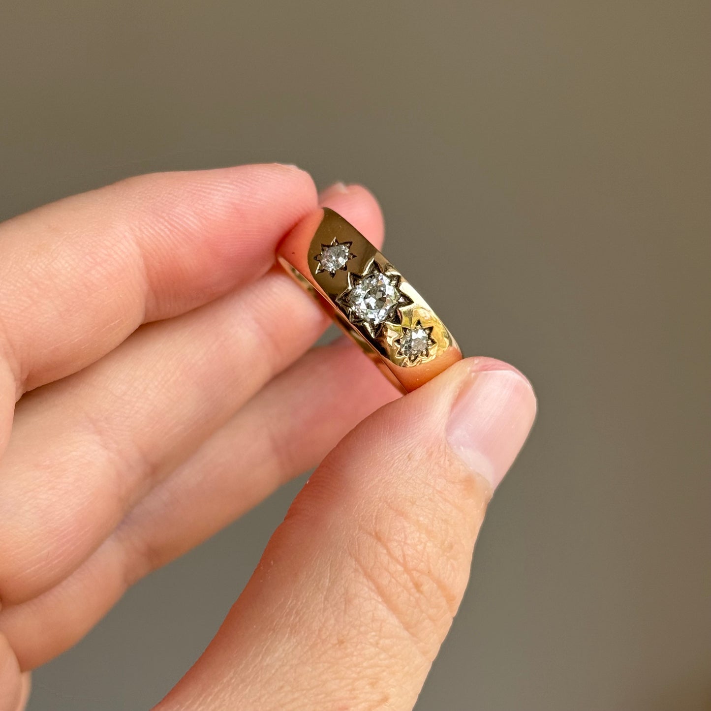 Antique Diamond Trilogy in 9 Carat Rose Gold Ring; Circa 1899
