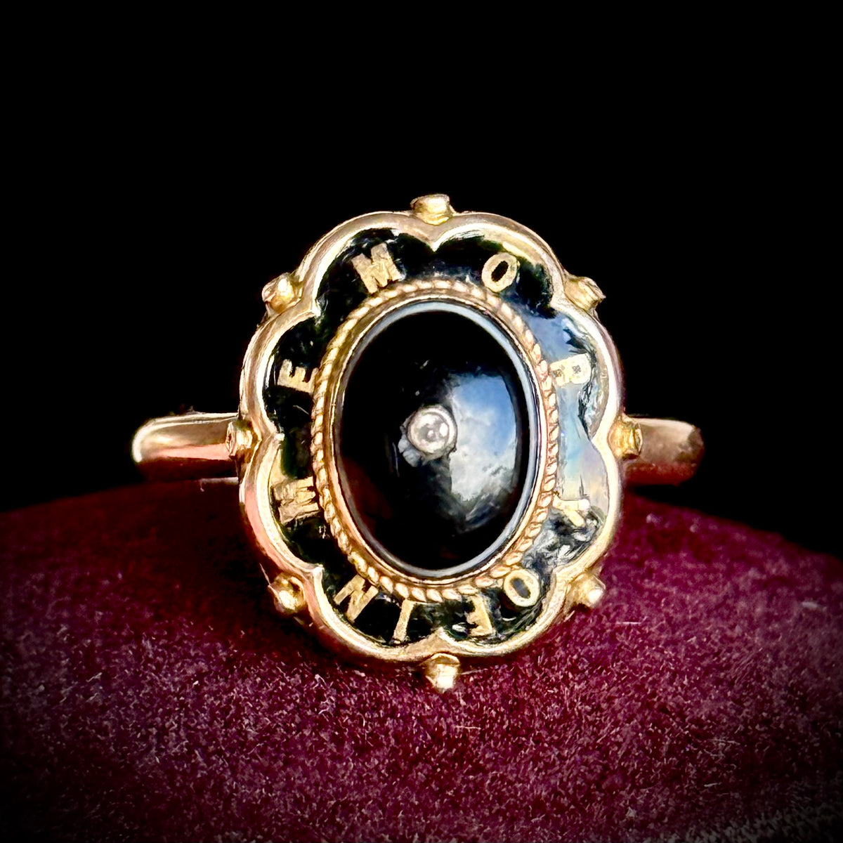 Antique Diamond Bulls Eye Mourning Ring 9 Carat gold; Circa 1860