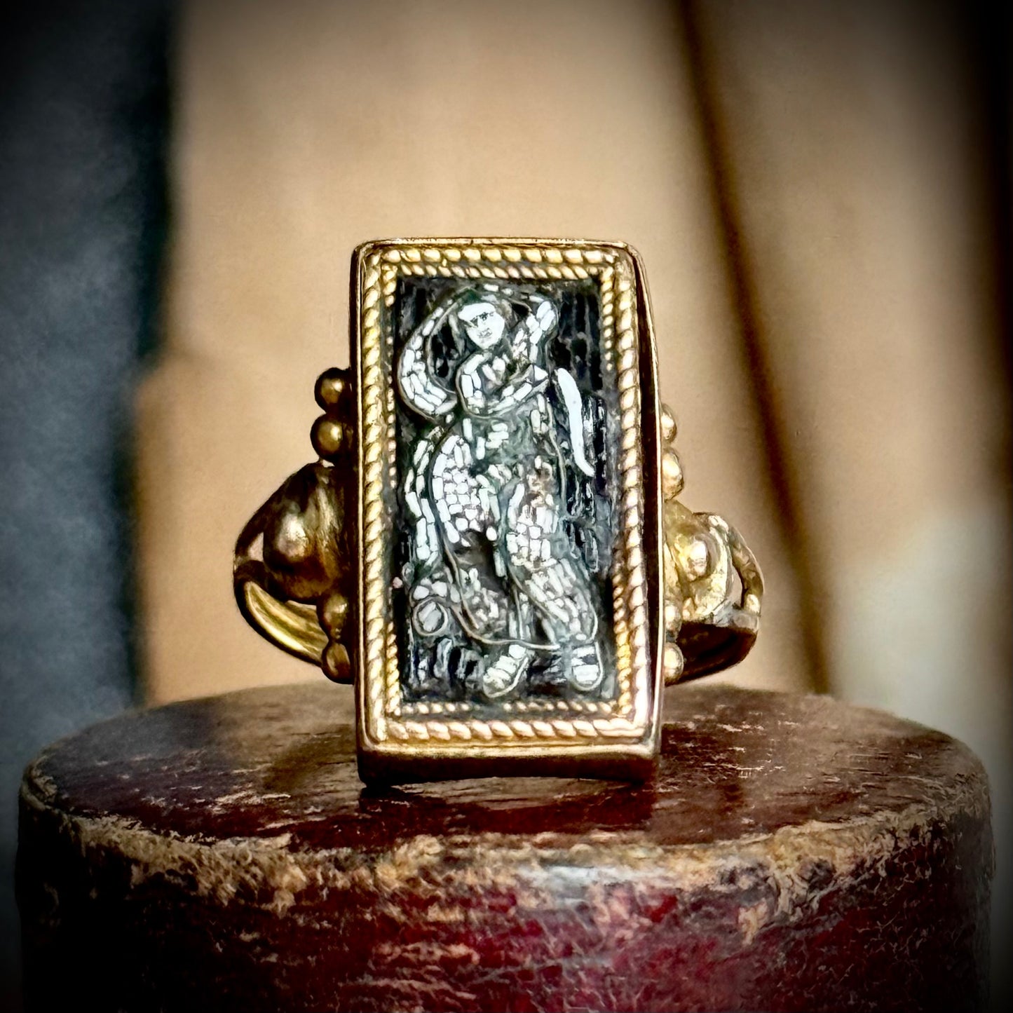 Victorian Micro Mosaic Panel Ring in 9 Carat Gold; 1850