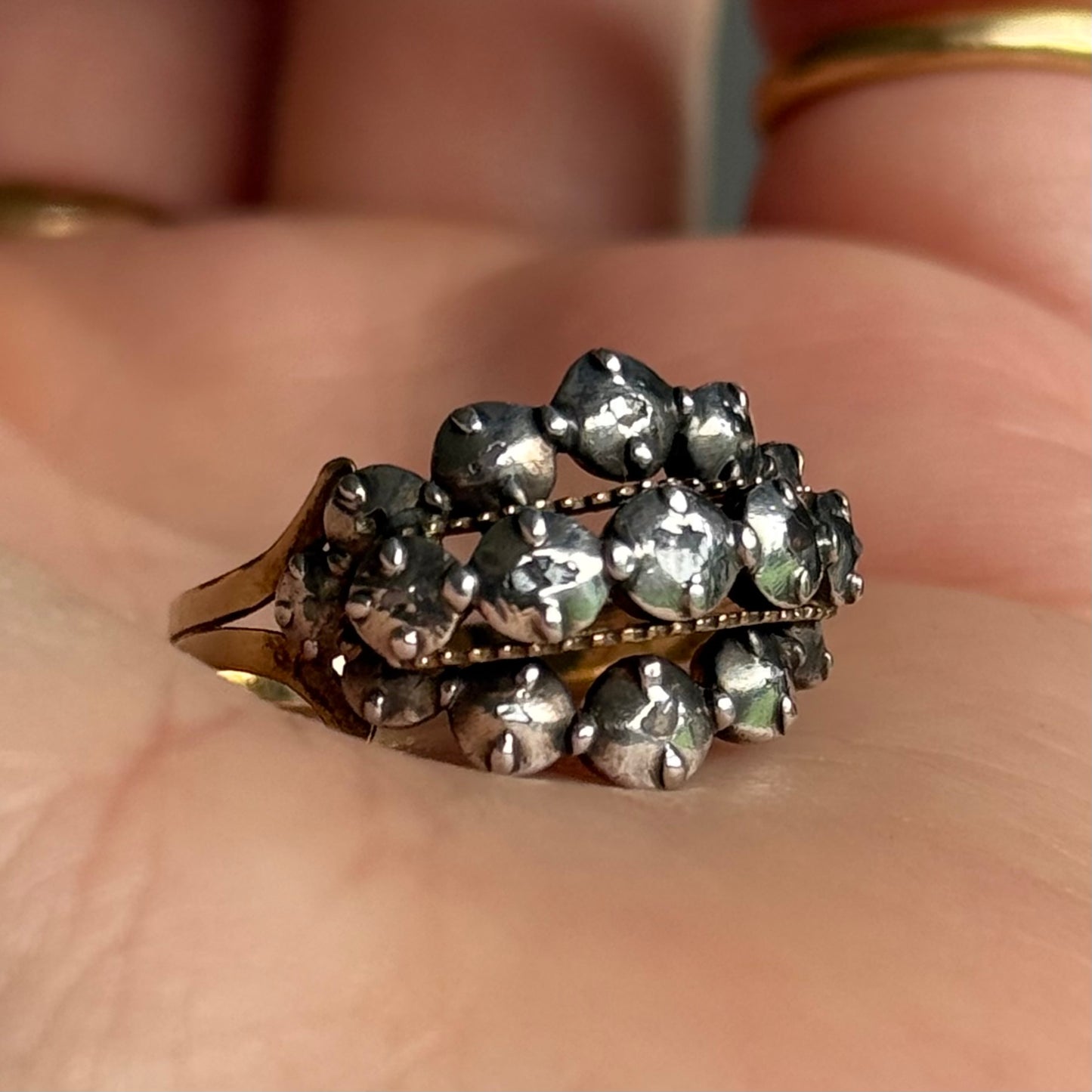 Antique Georgian Rose Cut Diamond Ring Gold and Silver; Circa 1820