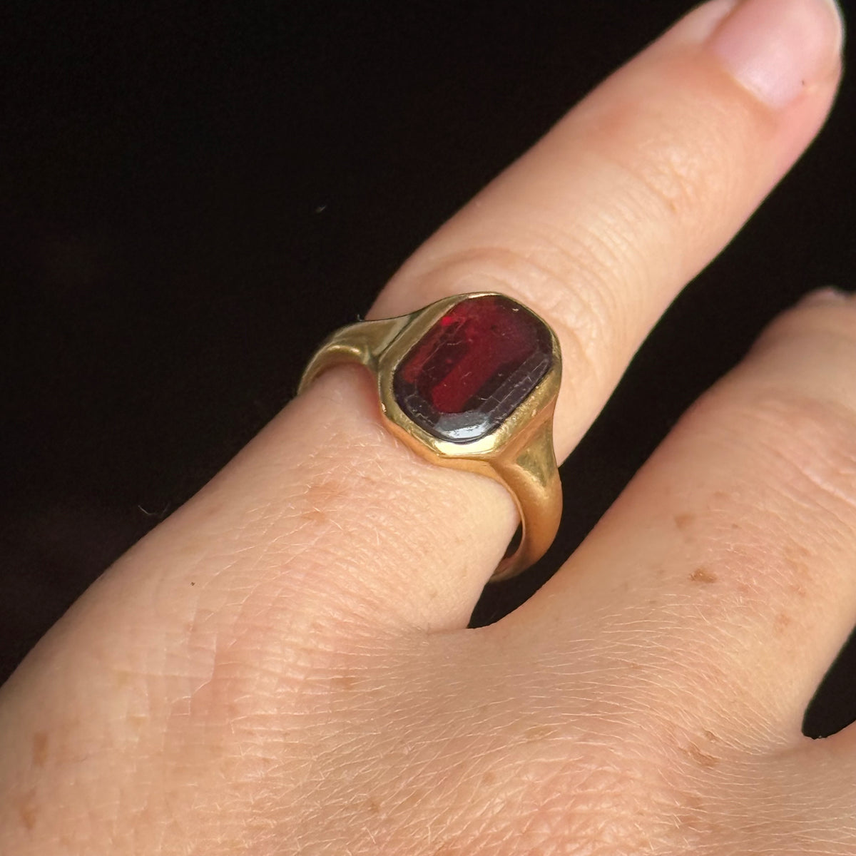 Antique Garnet Signet Ring in 18 Carat Gold; Circa 1919