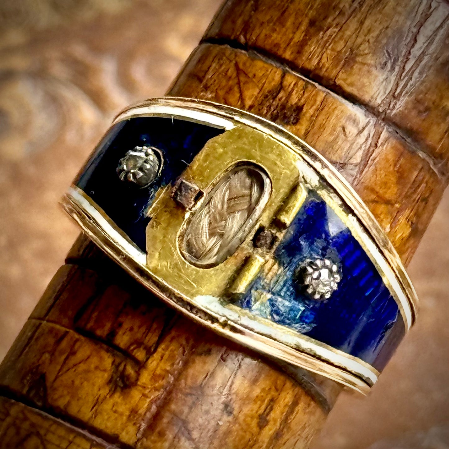 Antique Diamond & Enamel Locket Ring in 15 Carat Gold; Circa 1837