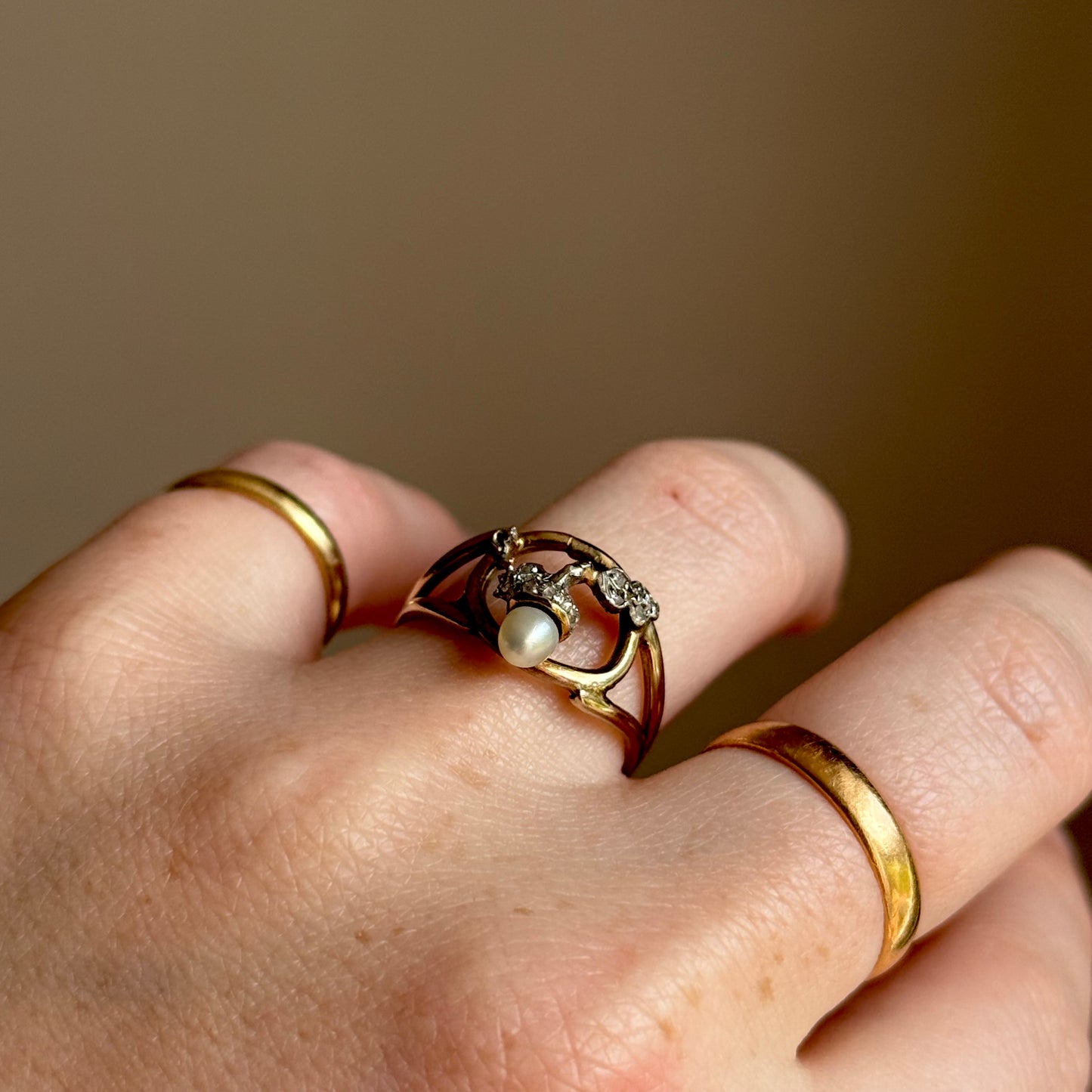 Antique Diamond & Pearl Acorn Ring in 9 Carat Gold