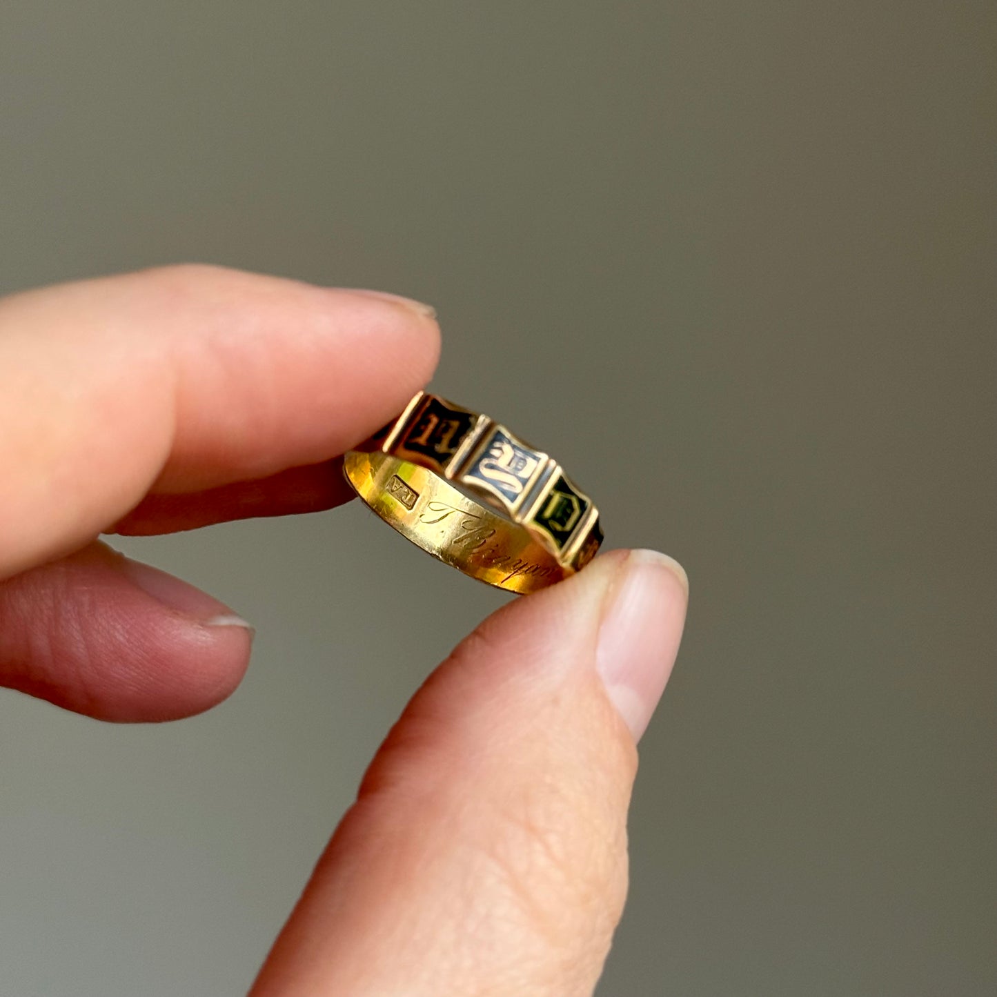 Antique Enamel Mourning Ring in 18 Carat Gold; Circa 1842