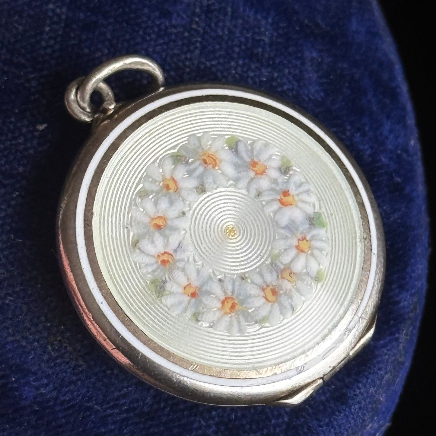 Antique Silver Daisy Wreath Guilloche Enamel Locket; Circa 1900