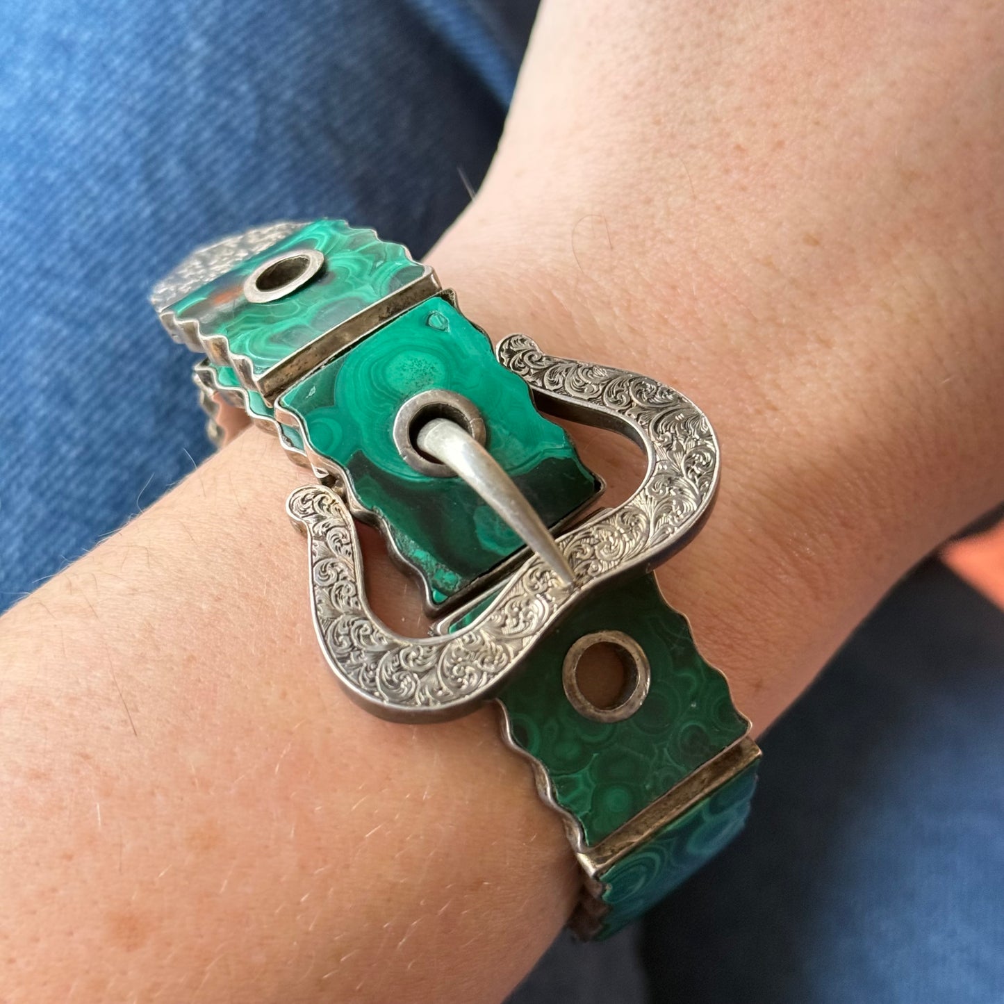 Antique Silver and Malachite Buckle Bracelet