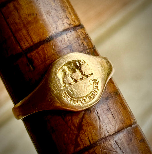 Victorian Elephant SEMPER PARITUS Signet ring in 18 Carat Gold