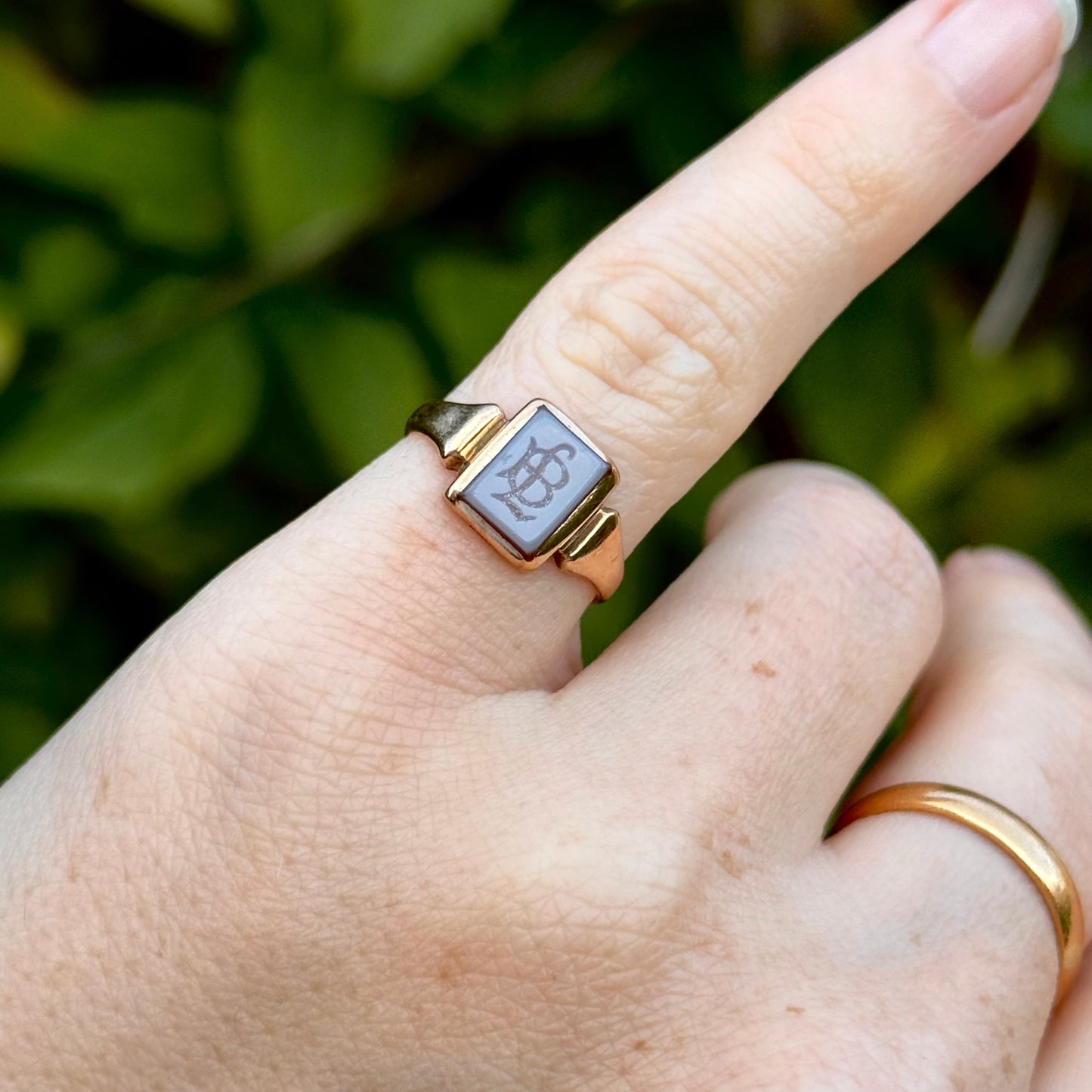 Sardonyx Monogram Signet Ring in 9 Carat Gold; Circa 1900