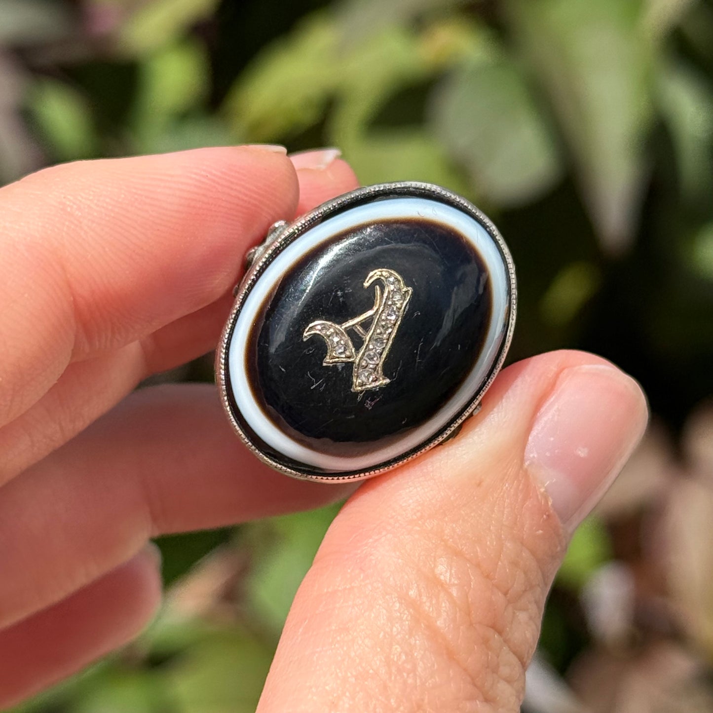 Victorian Banded Agate Diamond 'A' Ring in Sterling Silver Circa 1880
