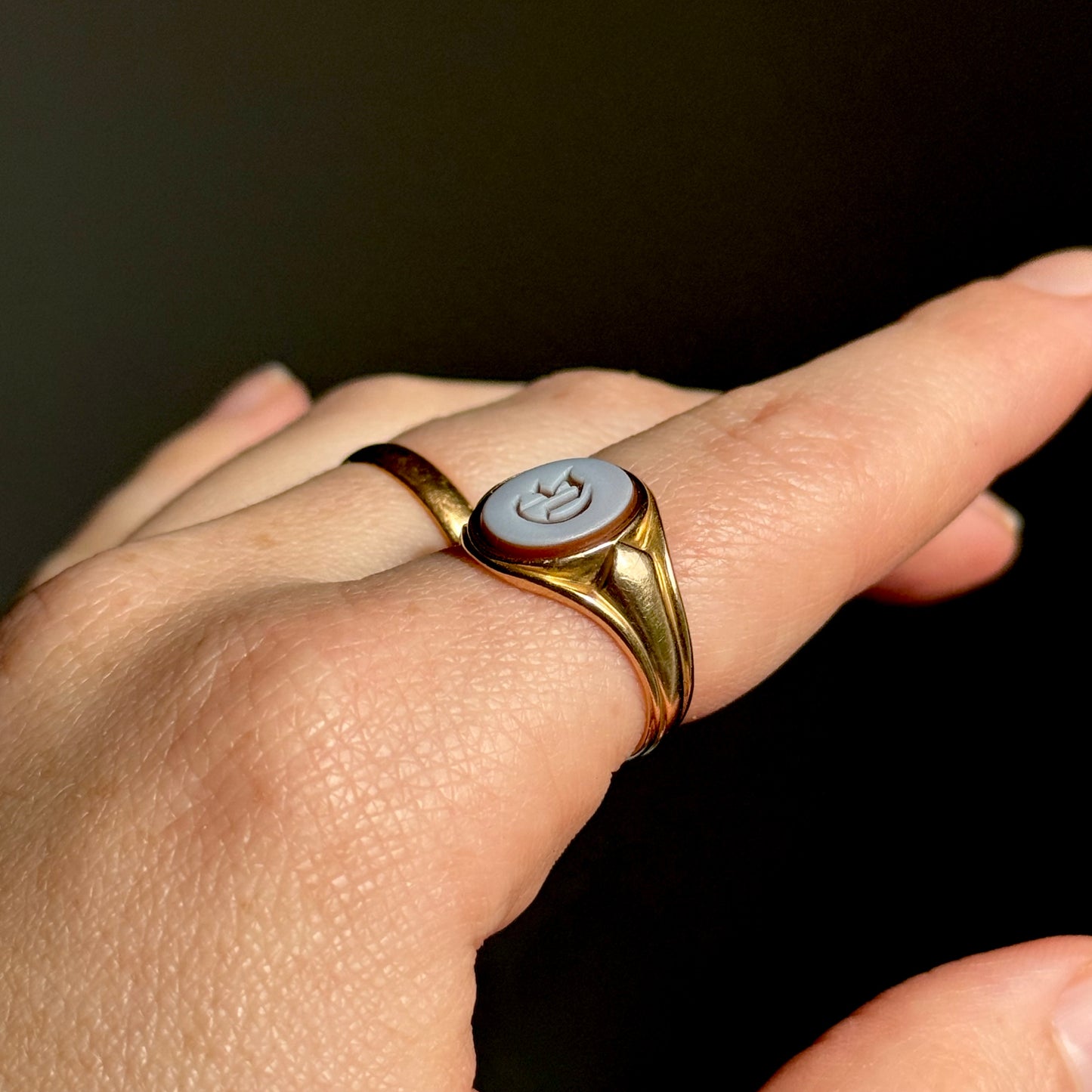 Antique Victorian Sardonyx Monogram 'G'Signet Ring in 15 Carat Gold; Circa 1883