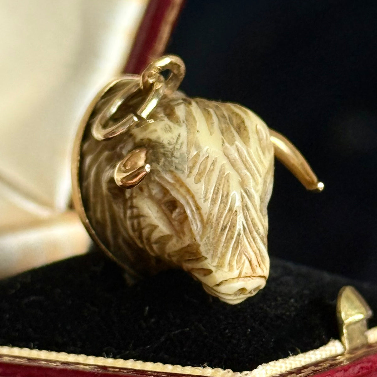 Antique Bull Pendant in Bone & 9 Carat Gold; Circa 1880