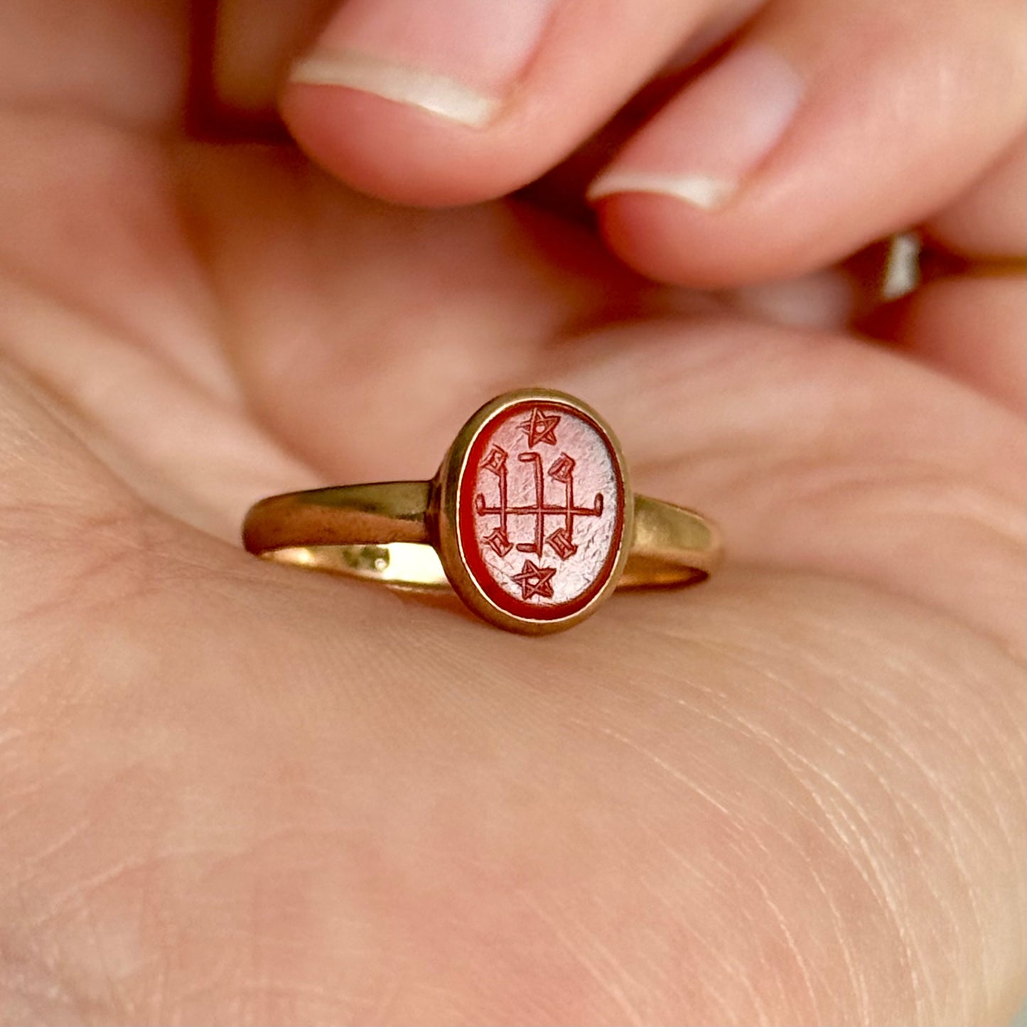 Edwardian Baha’i Ring Stone Ring in 9 Carat Rose Gold; Circa 1900