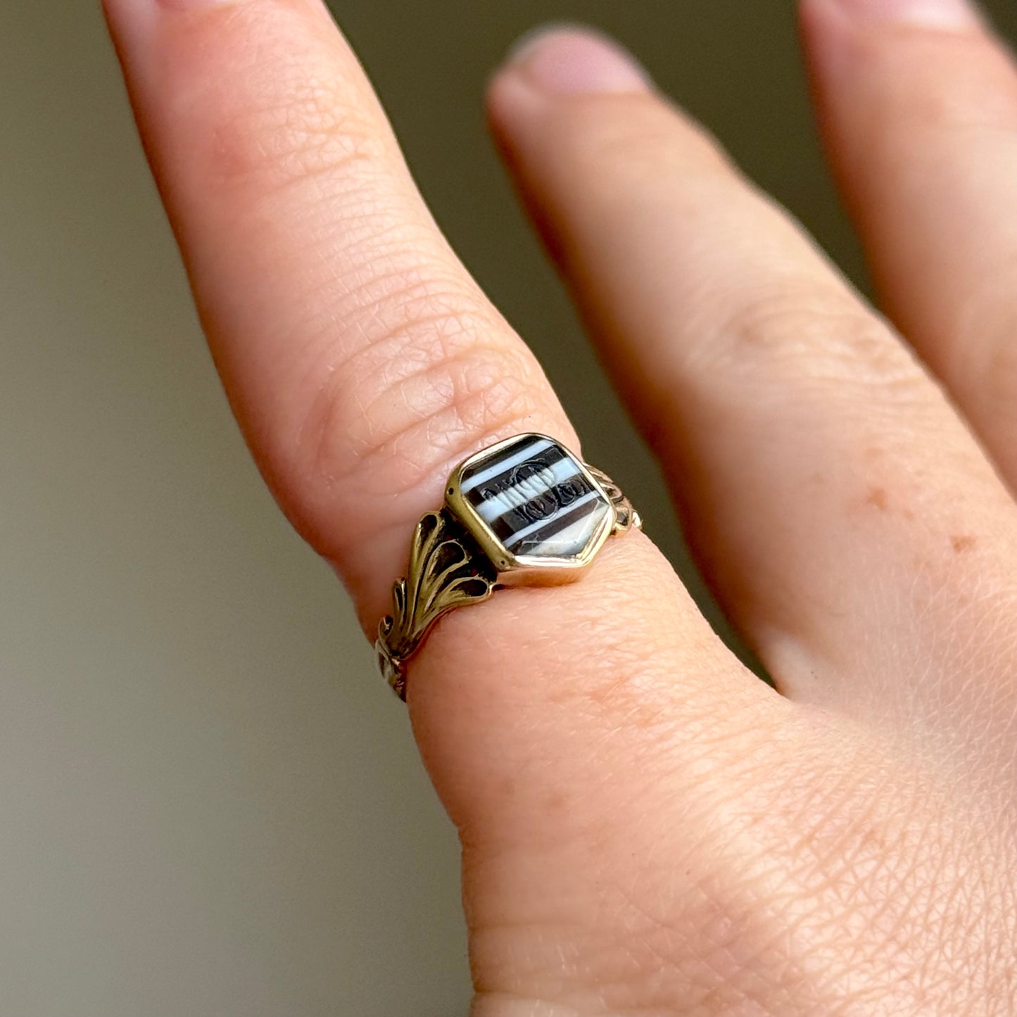 Antique Banded Agate Monogram Signet Ring