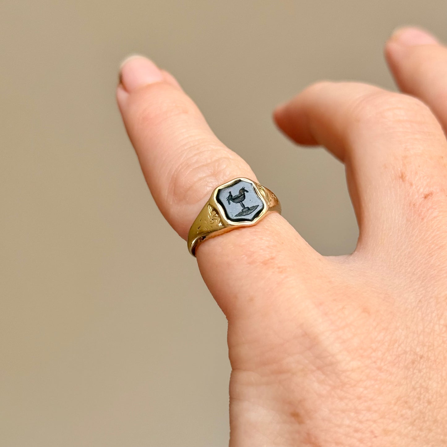 Antique Love Bird Intaglio Signet Ring in 9 Carat Gold; Circa 1860