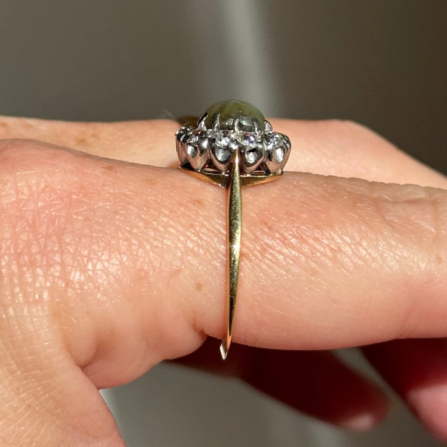 Antique Cat’s Eye Chrysoberyl & Diamond Halo Ring in 18 Carat Gold