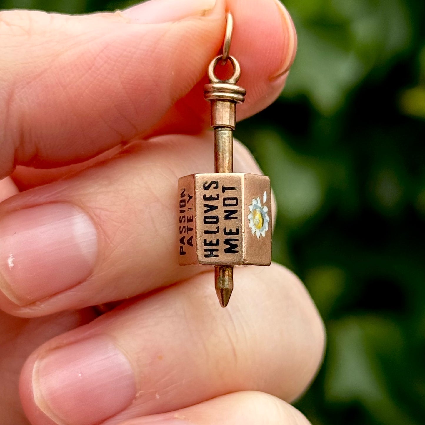 Antique Victorian 'He Loves Me' Spinning Top Enamel Pendant; Circa 1880
