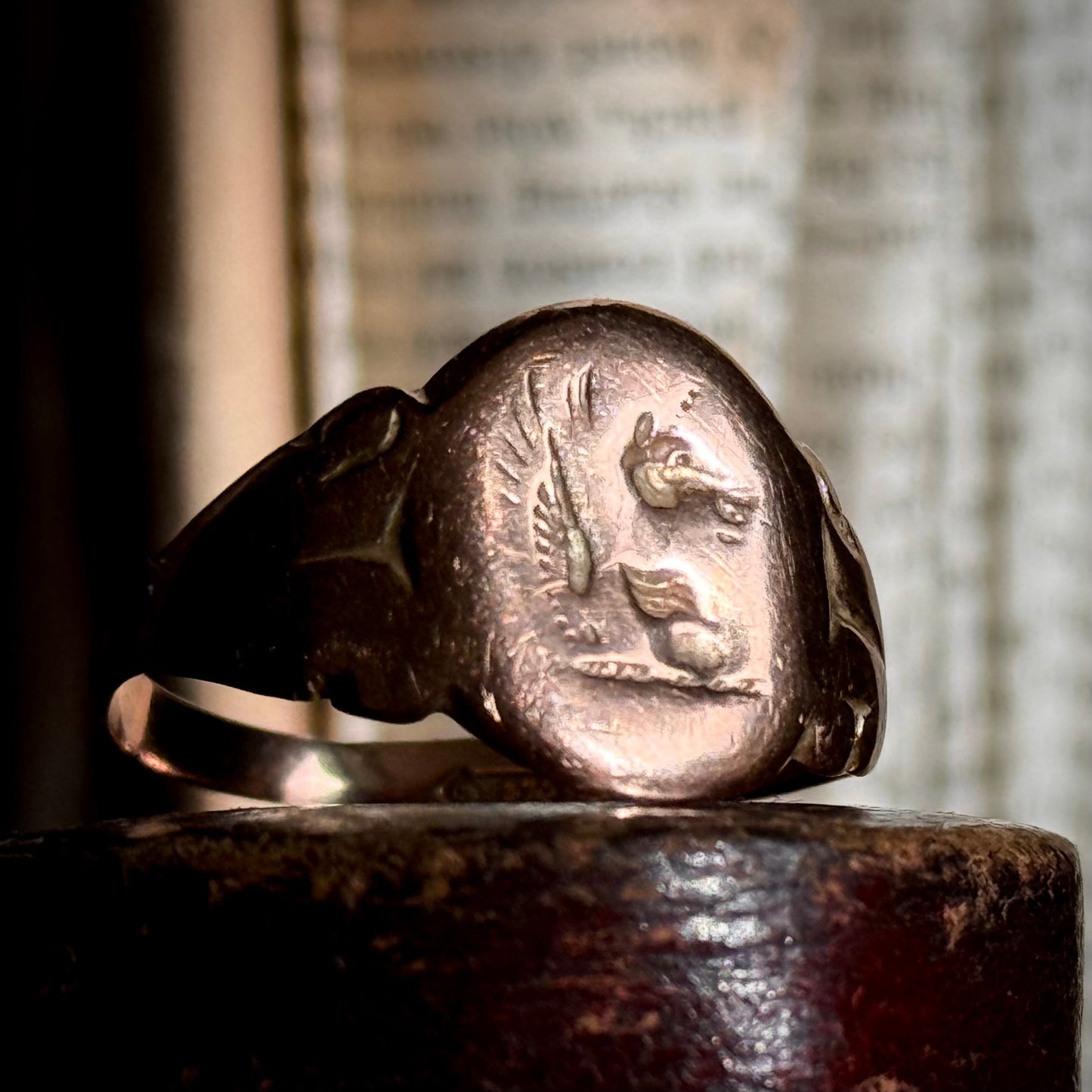 Antique Unicorn Signet Ring in 9 Carat Rose Gold; Circa 1917
