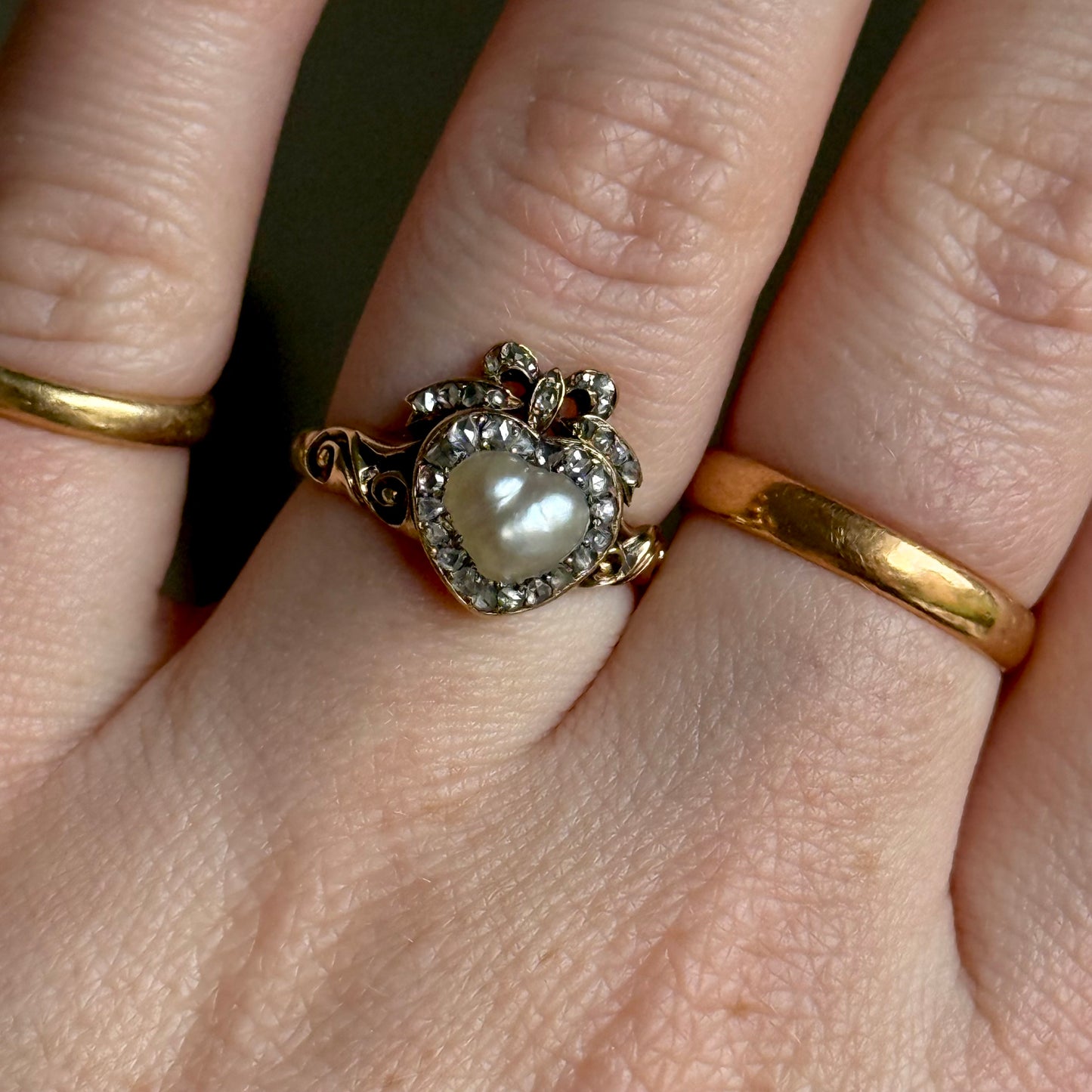 Antique Boxed Georgian Pearl & Diamond Ring in 18 Carat Gold; Circa 1800