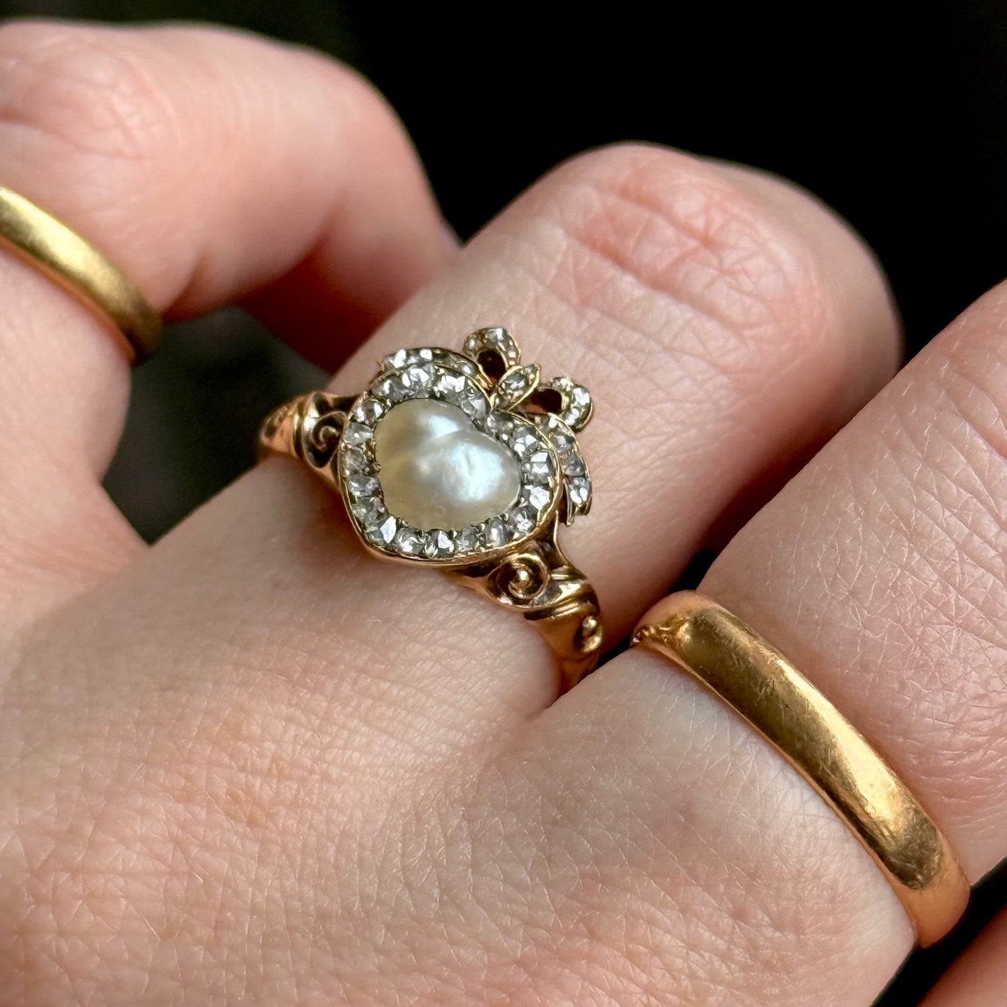 Antique Boxed Georgian Pearl & Diamond Ring in 18 Carat Gold; Circa 1800