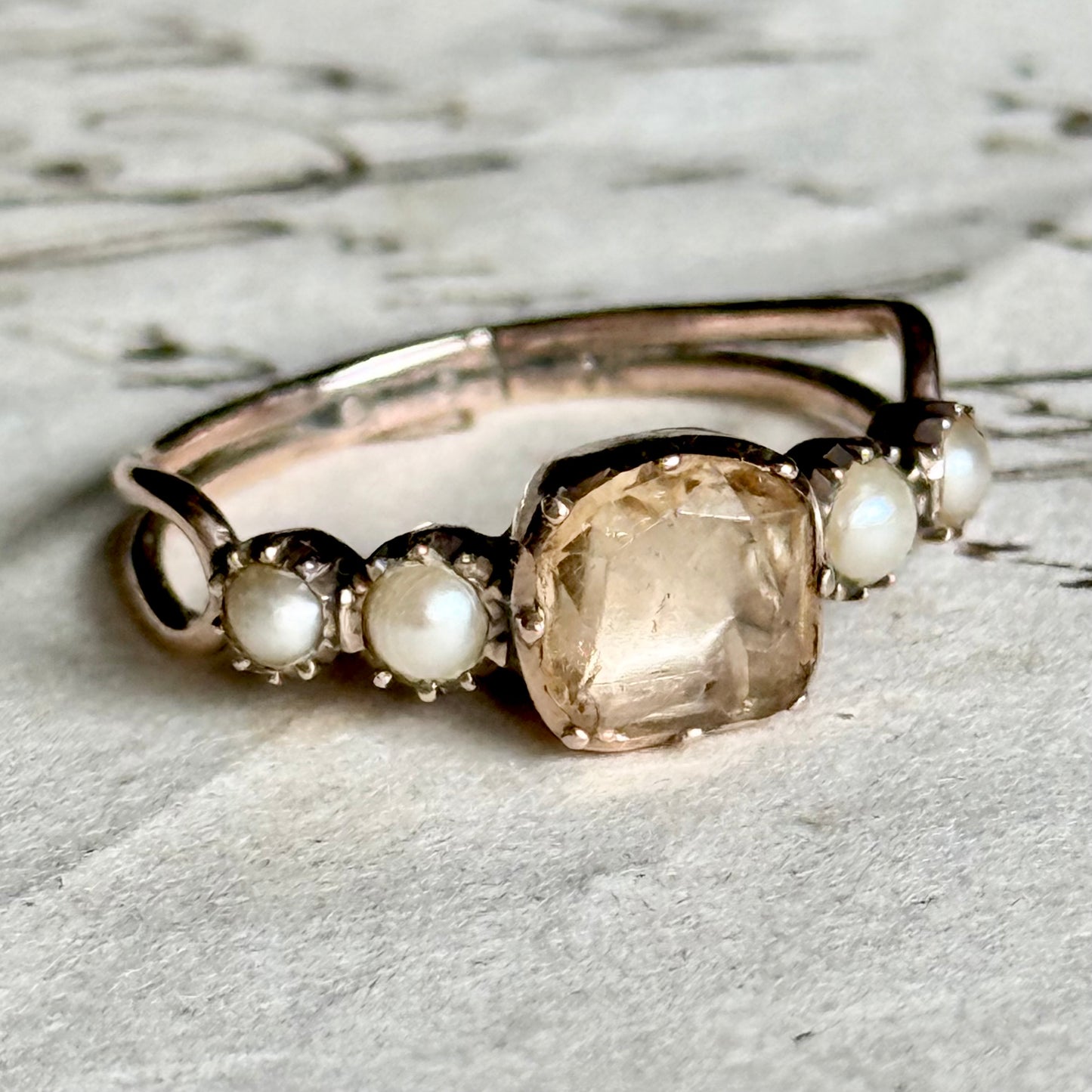 Antique Georgian Quartz & Pearl Ring in 9 Carat Gold