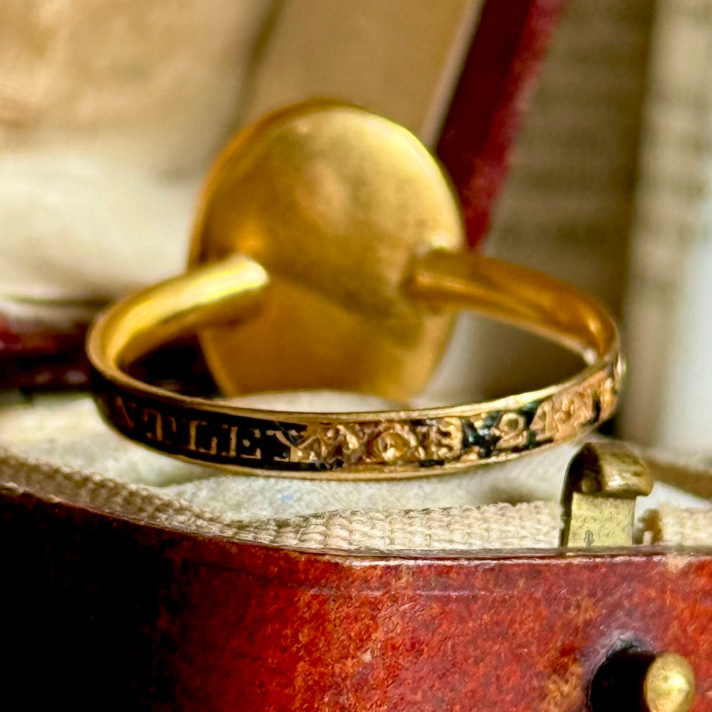 Georgian Enamel & Hair Mourning Ring in 15 Carat Gold; Circa 1781