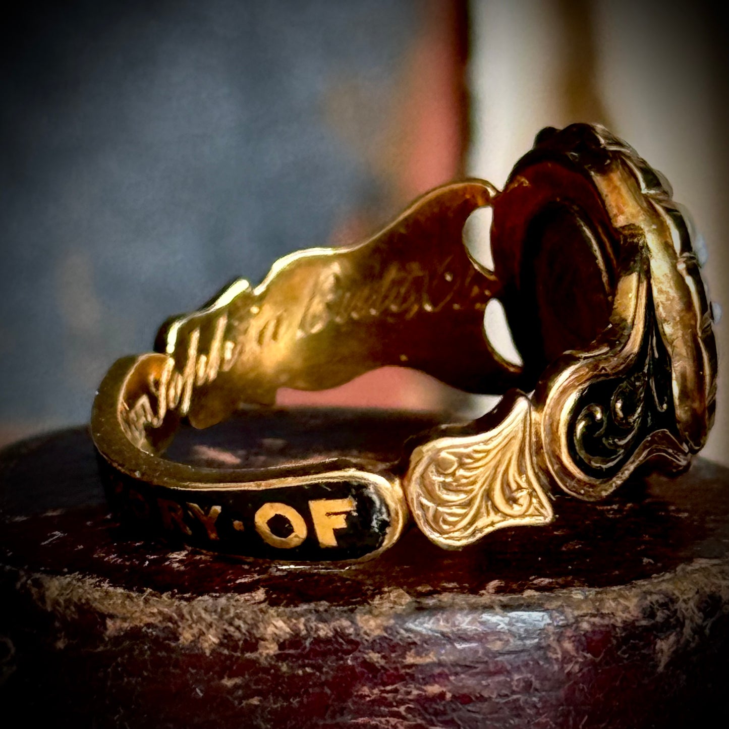 Antique Forget Me Not Mourning Ring in 18 Carat Gold; Circa 1851
