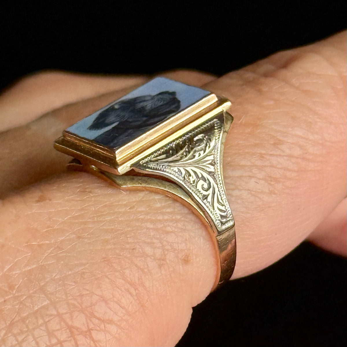 Antique Enamel Dog Signet Ring in 9 Carat Gold; Circa 1925