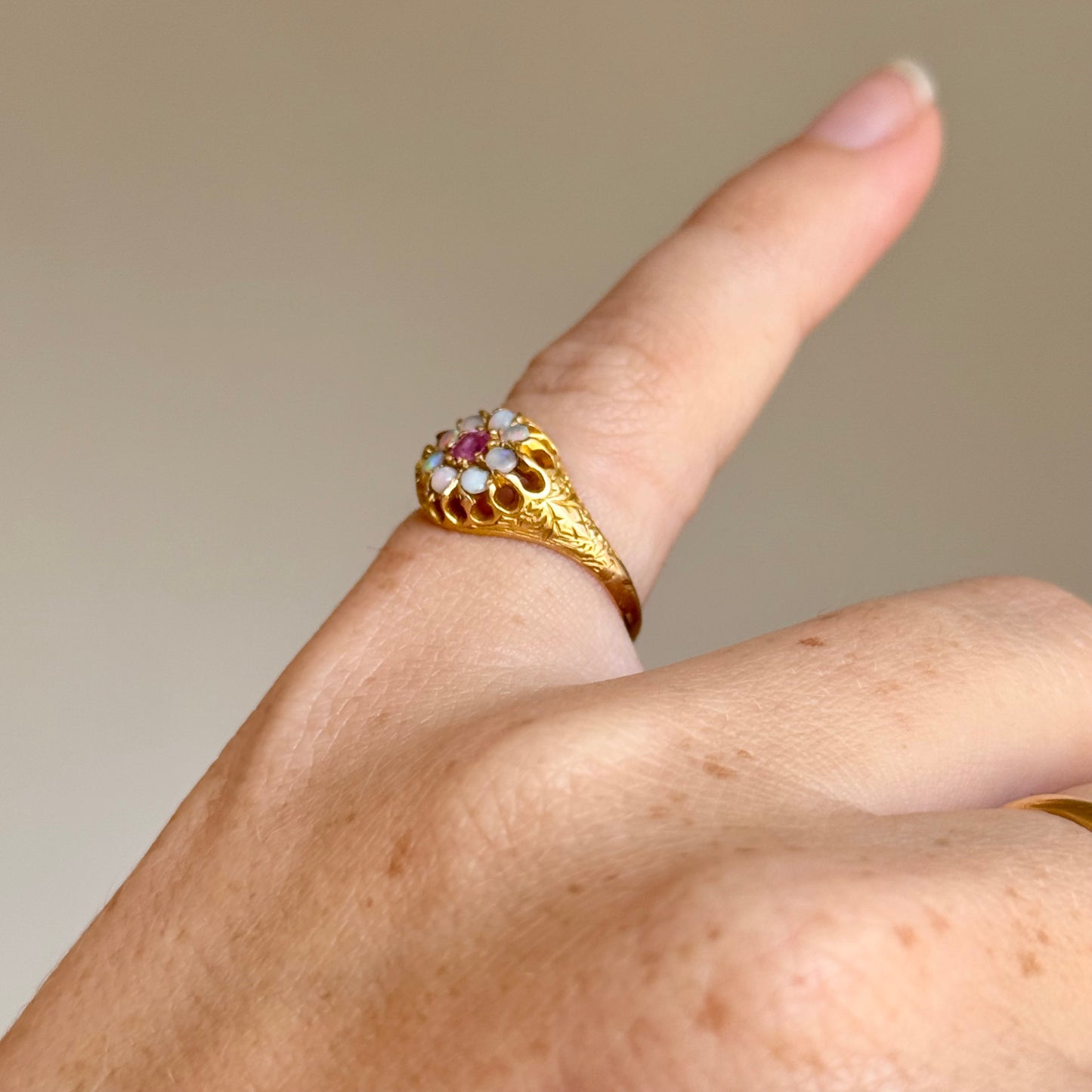 Antique Ruby & Opal Cluster Ring in 15 Carat Gold; Circa 1880