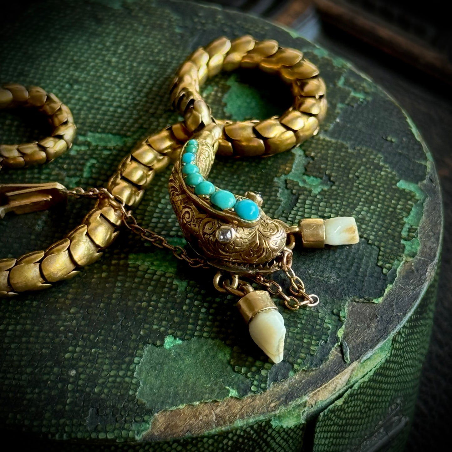 Victorian Diamond & Milk Tooth Snake Bracelet in 15 Carat Gold; Circa 1880