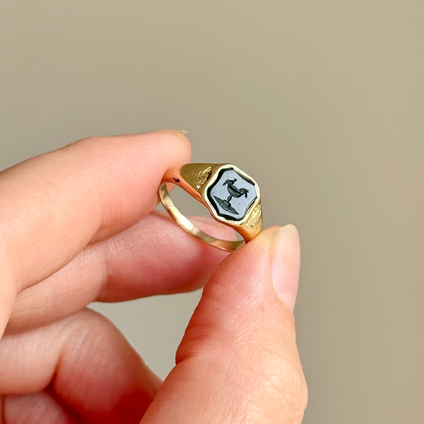 Antique Love Bird Intaglio Signet Ring in 9 Carat Gold; Circa 1860