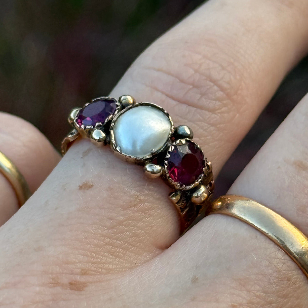 Antique Garnet & Blister Pearl Ring 18 Carat Gold; Circa 1875