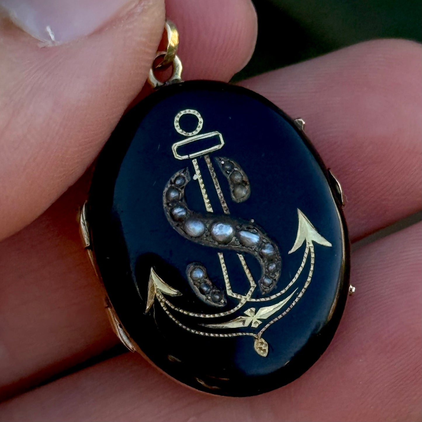 Victorian Enamel & Pearl Anchor 'S' Locket