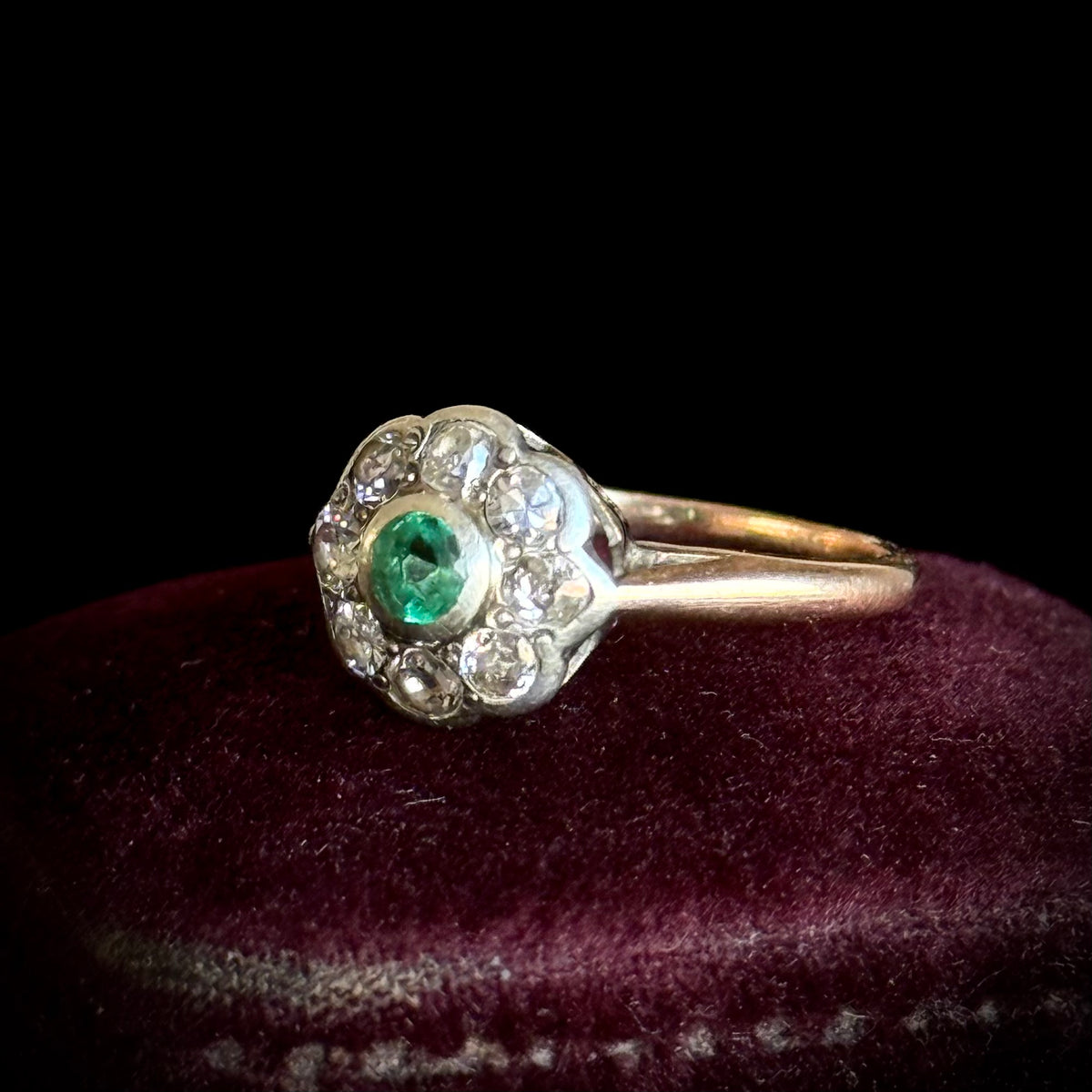 Antique Emerald & Diamond Cluster Ring; Circa 1895
