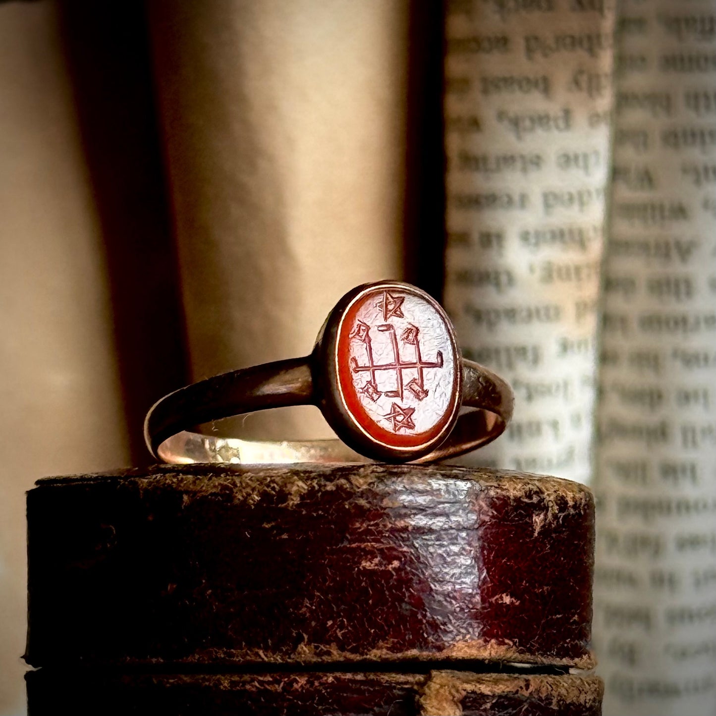 Edwardian Baha’i Ring Stone Ring in 9 Carat Rose Gold; Circa 1900